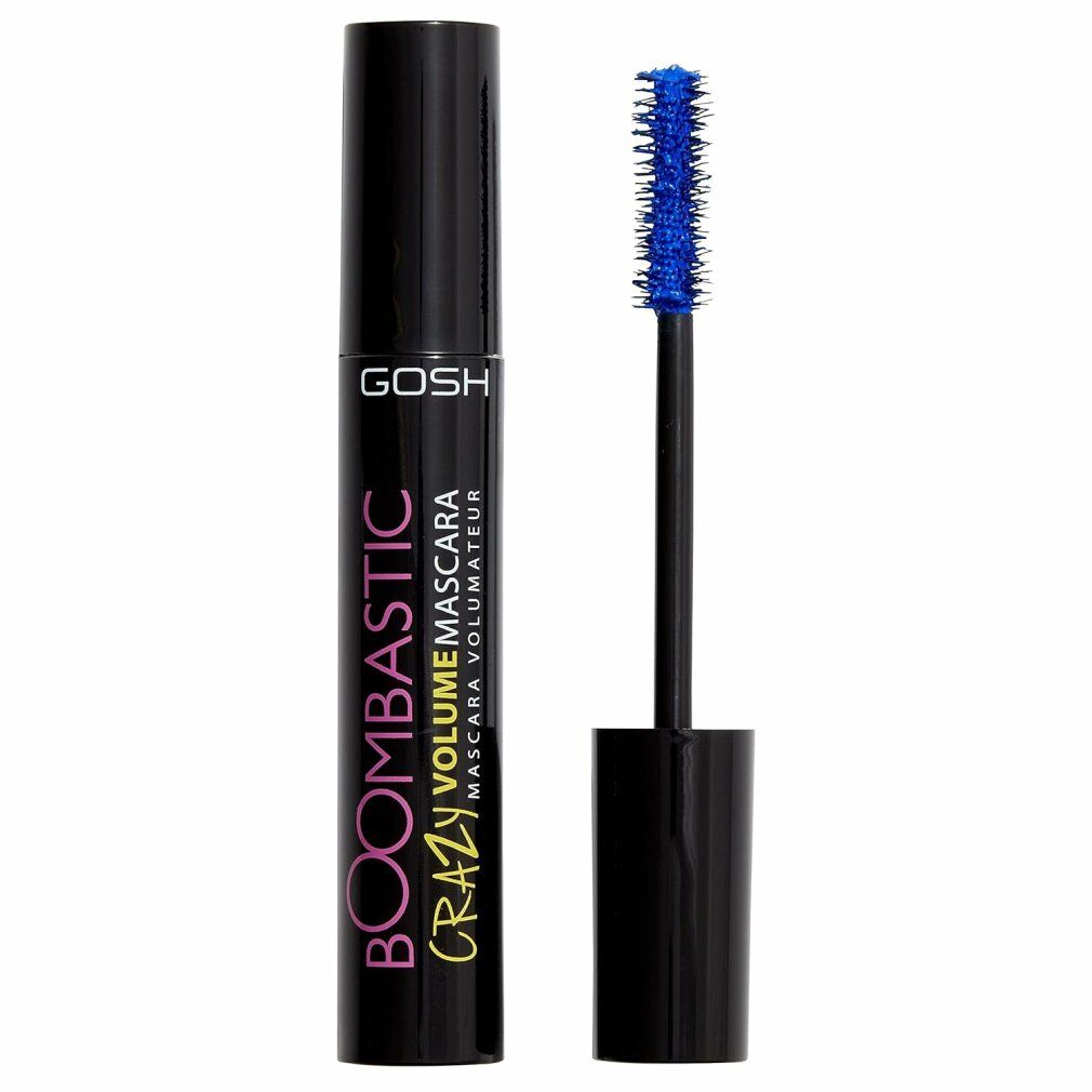 Gosh Boombastic Crazy Volume Mascara in Blau. Schwarzer Behälter mit blauem Applikator.