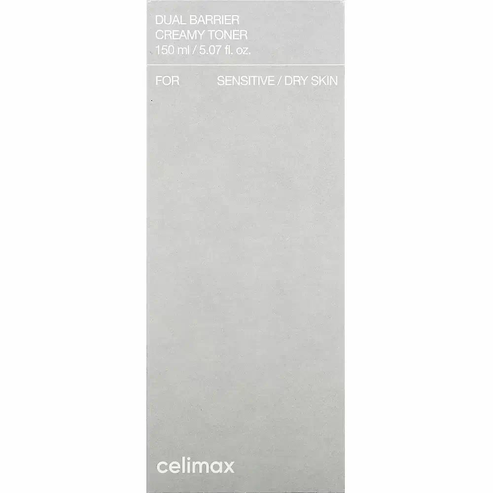 Graue Verpackung mit Produktinformationen. Aufschrift: Dual Barrier Creamy Toner. Marke: celimax.