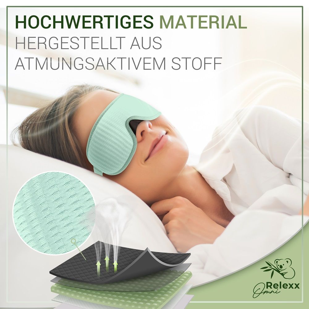 Frau mit hellgrüner Schlafmaske. Nahaufnahme des atmungsaktiven Materials. Schichten des Materials gezeigt. Text: Hochwertiges Material.