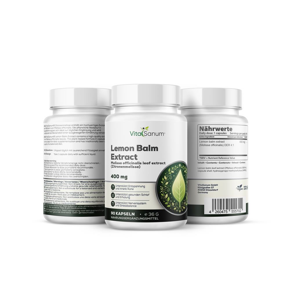 Drei weiße Pillenbehälter mit Etiketten. Aufschrift: VitaSanum, Lemon Balm Extract, 400 mg, 90 Kapseln. Abbildung eines Blattes.