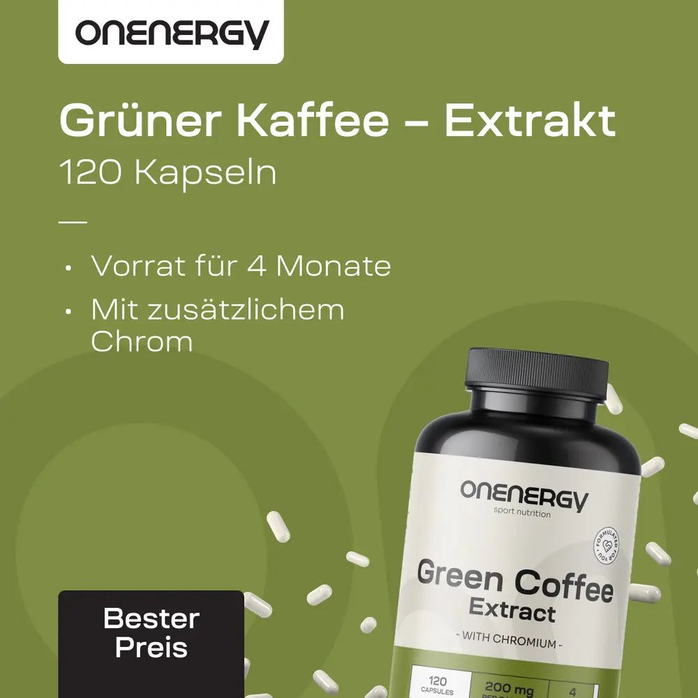 Flasche OnEnergy Grüner Kaffee Extrakt, 120 Kapseln. "Vorrat für 4 Monate", "Mit zusätzlichem Chrom".