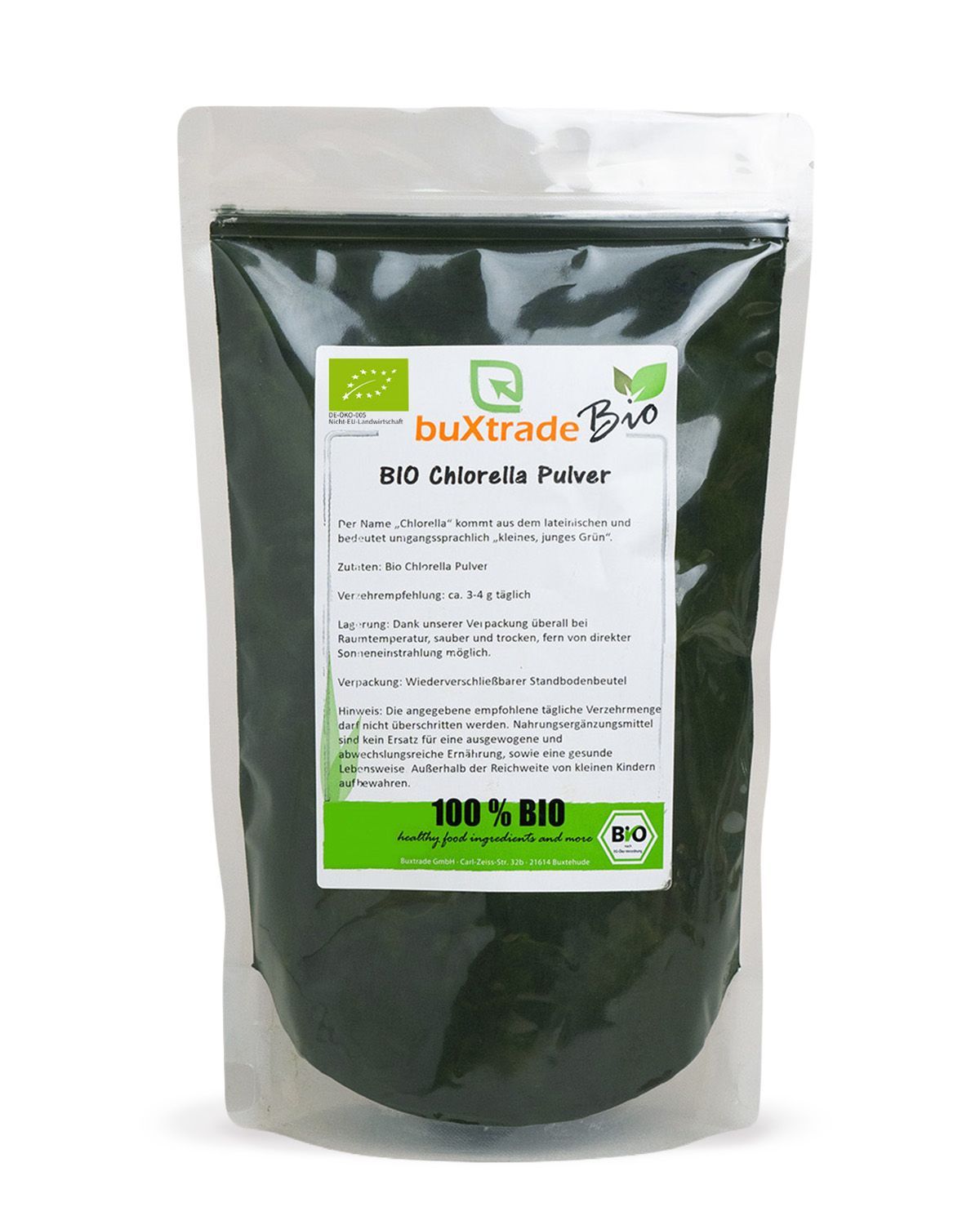 Verpackung von buXtrade Bio Chlorella Pulver mit Bio-Siegel und Produktinformationen.
