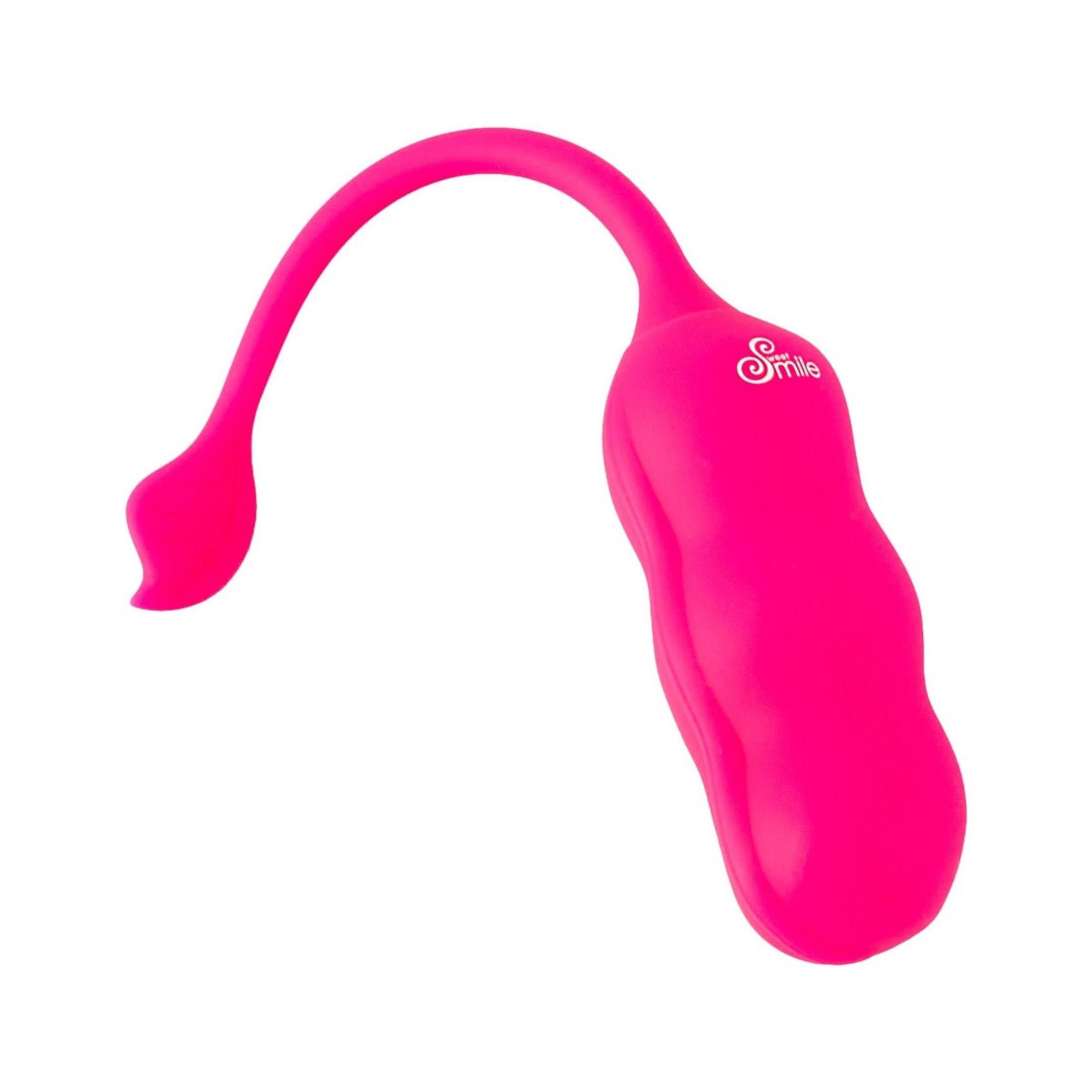Pinkfarbenes Produkt mit gebogener Form und einem abgerundeten Ende. Aufschrift Sweet Smile. Flexibler, gebogener Stiel.