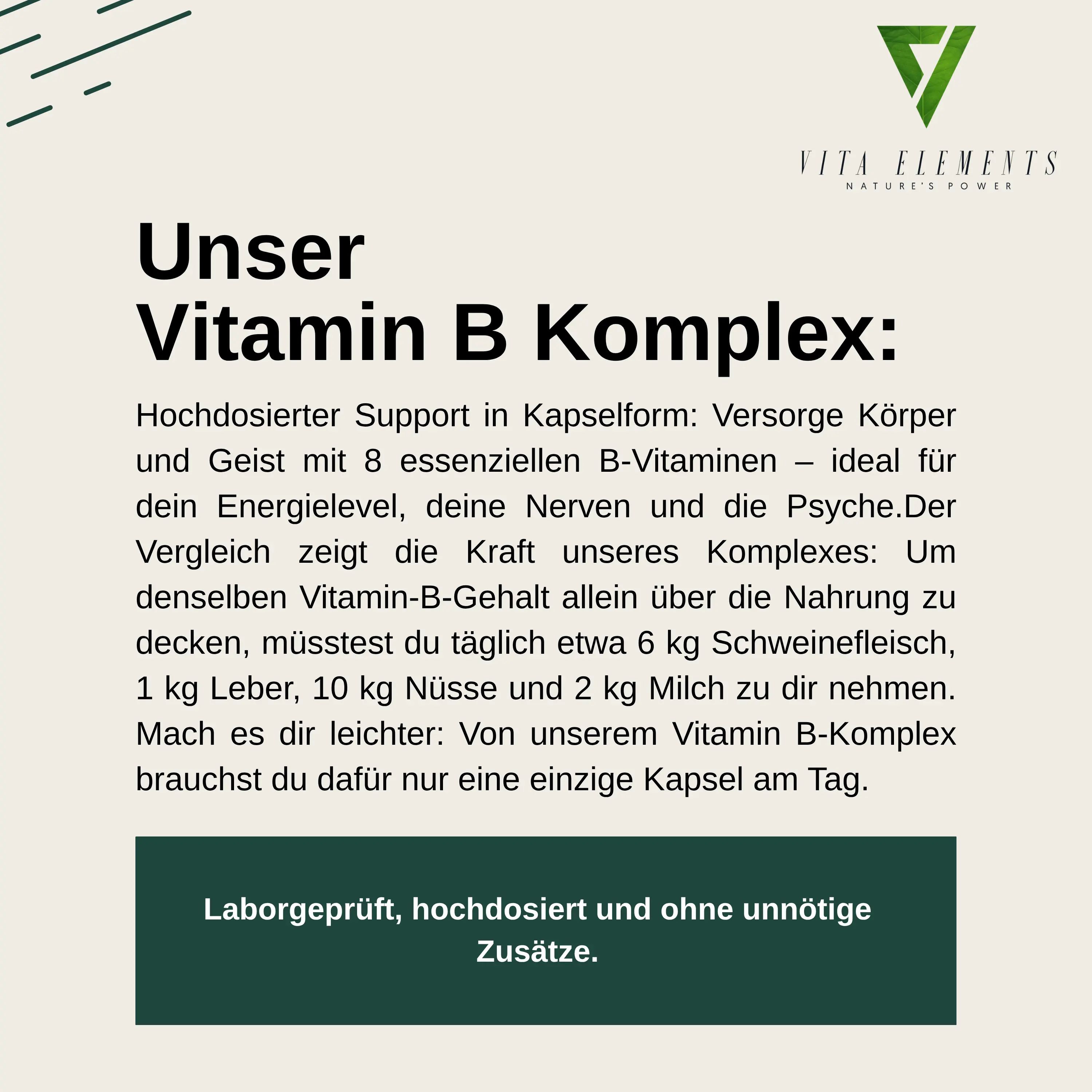 Textinformationen über Vita Elements Vitamin B Komplex, Labor geprüft, hochdosiert und ohne unnötige Zusätze.