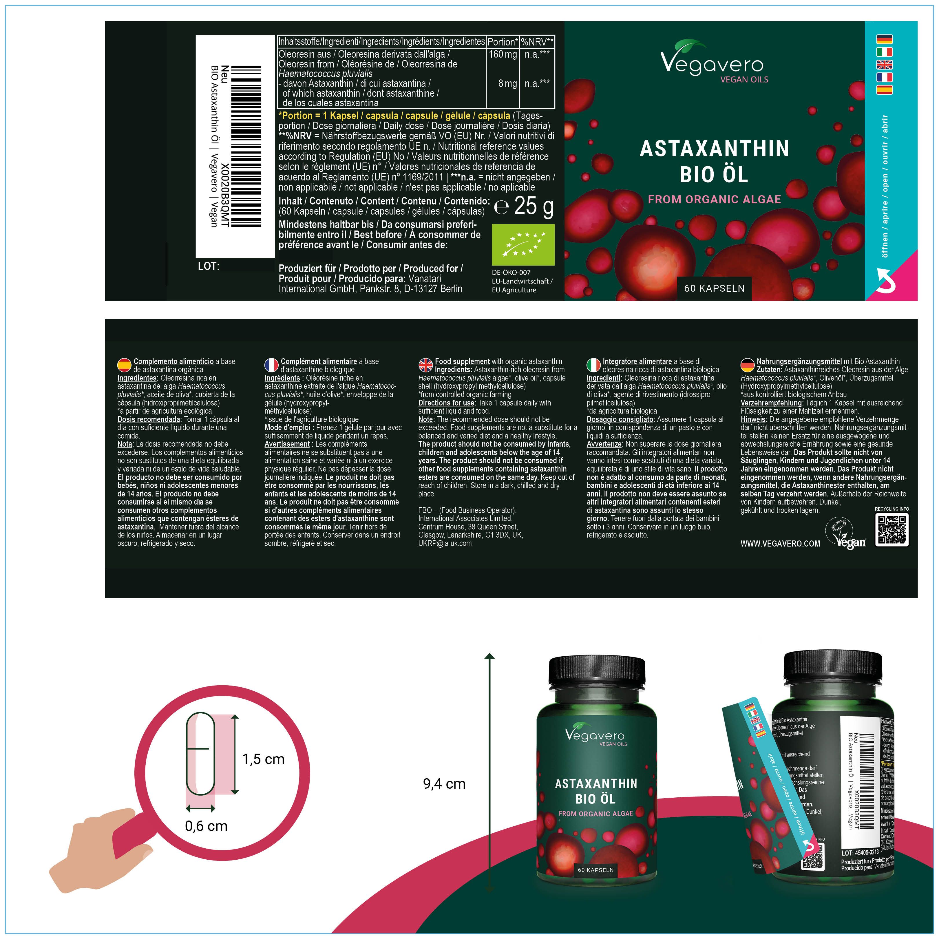 Produktverpackung mit Etikett. Aufschrift: Astaxanthin Bio Öl, Vegavaro. Zusätzliche Informationen und Nährwertangaben.