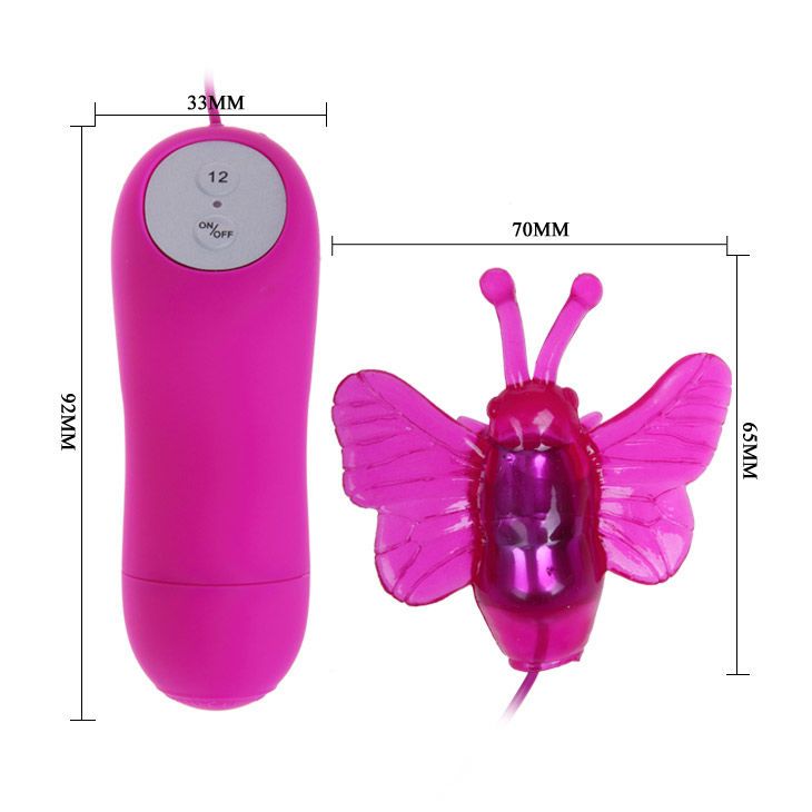 Pinker Vibrator (92x33mm) mit Schmetterlingsaufsatz (65x70mm) und Fernbedienung.