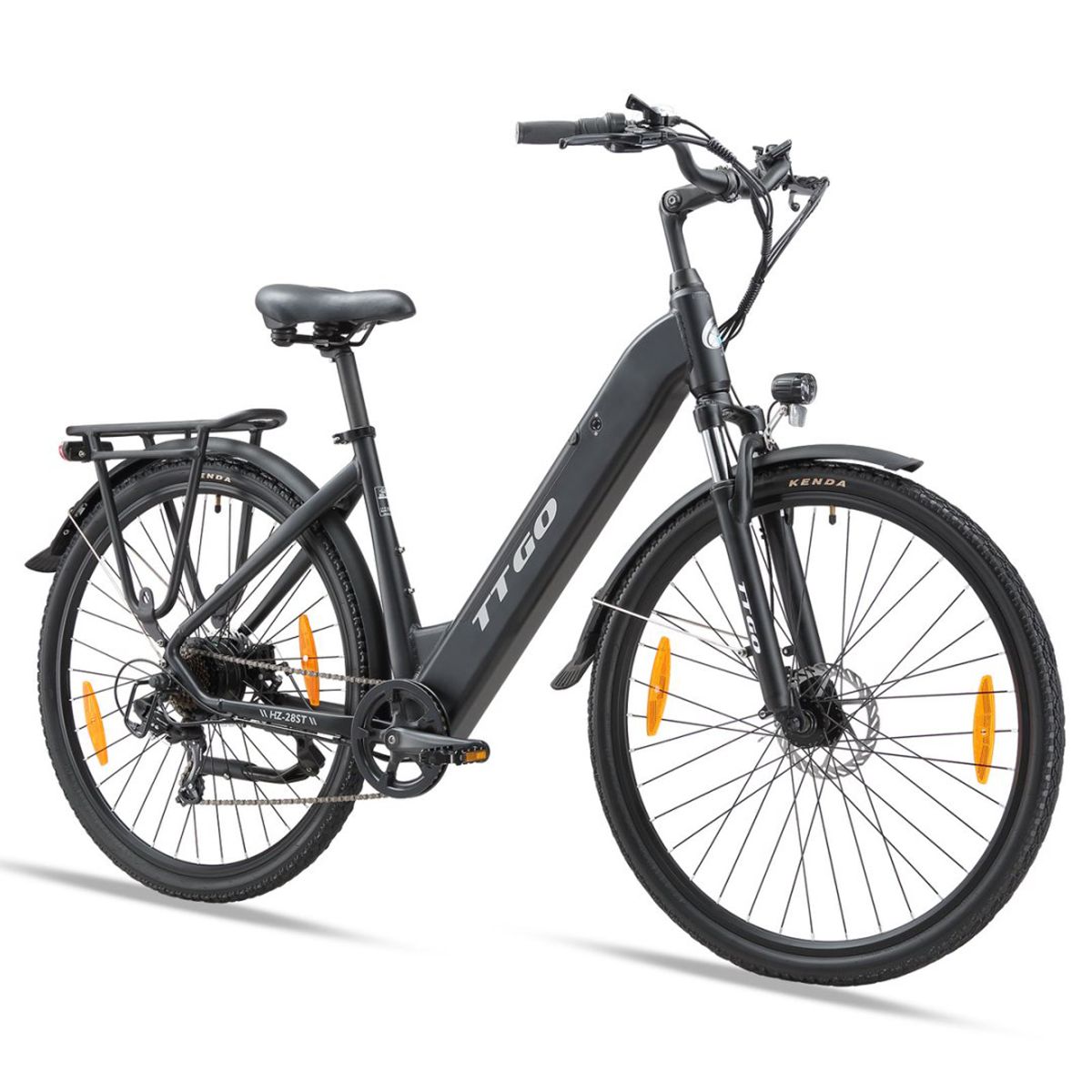Schwarzes E-Bike TTGO. Gepäckträger, Schutzbleche, Scheinwerfer und Reflektoren. Kenda-Reifen.