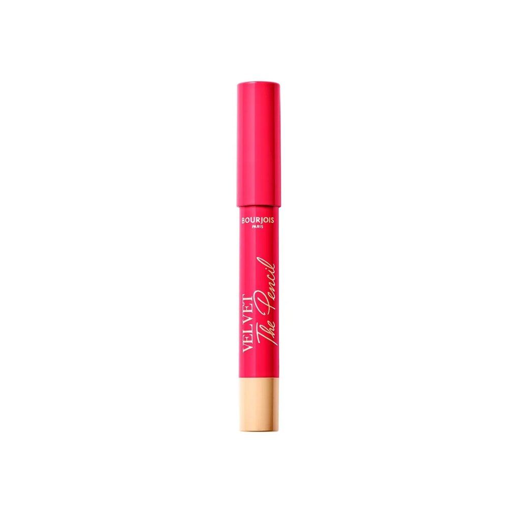 Lippenstiftstift, pinkfarben, mit goldfarbener Schrift. Aufschrift: Bourjois Paris, Velvet The Pencil. Unterteil beige.
