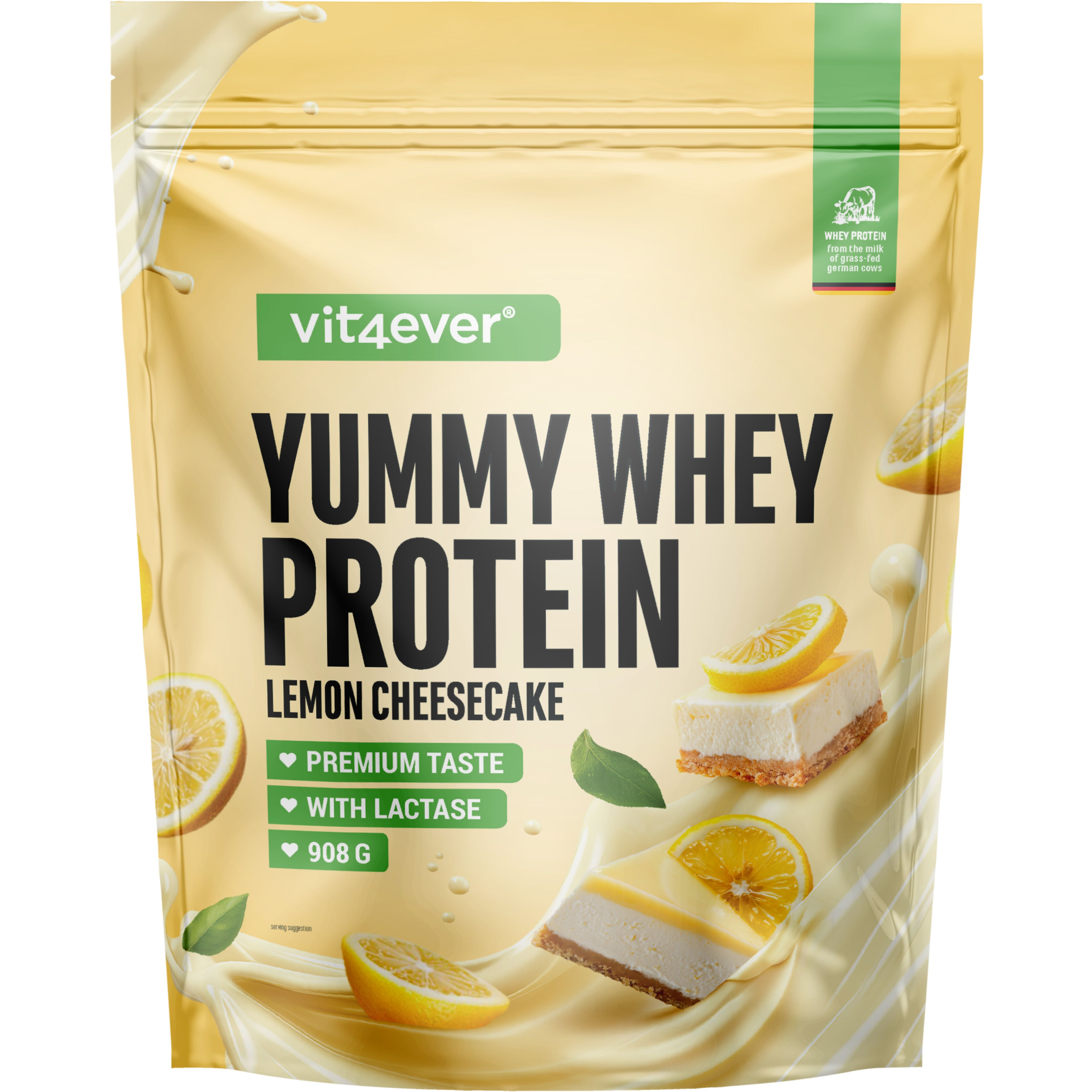 Beutel mit "vit4ever Yummy Whey Protein Lemon Cheesecake". 908g. Mit Zitrone und Kuchenstückchen abgebildet.