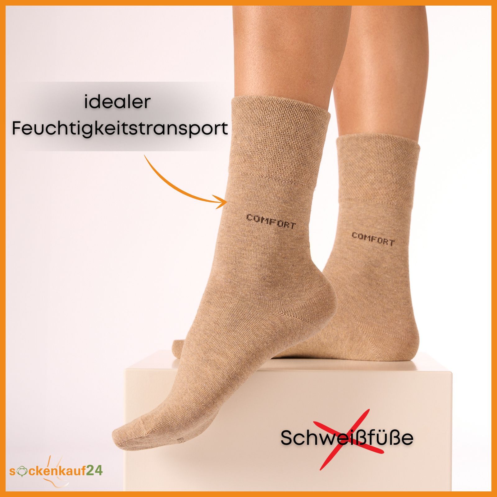 Beige Socken am Bein. Aufschrift 'COMFORT'. Text: 'idealer Feuchtigkeitstransport'.