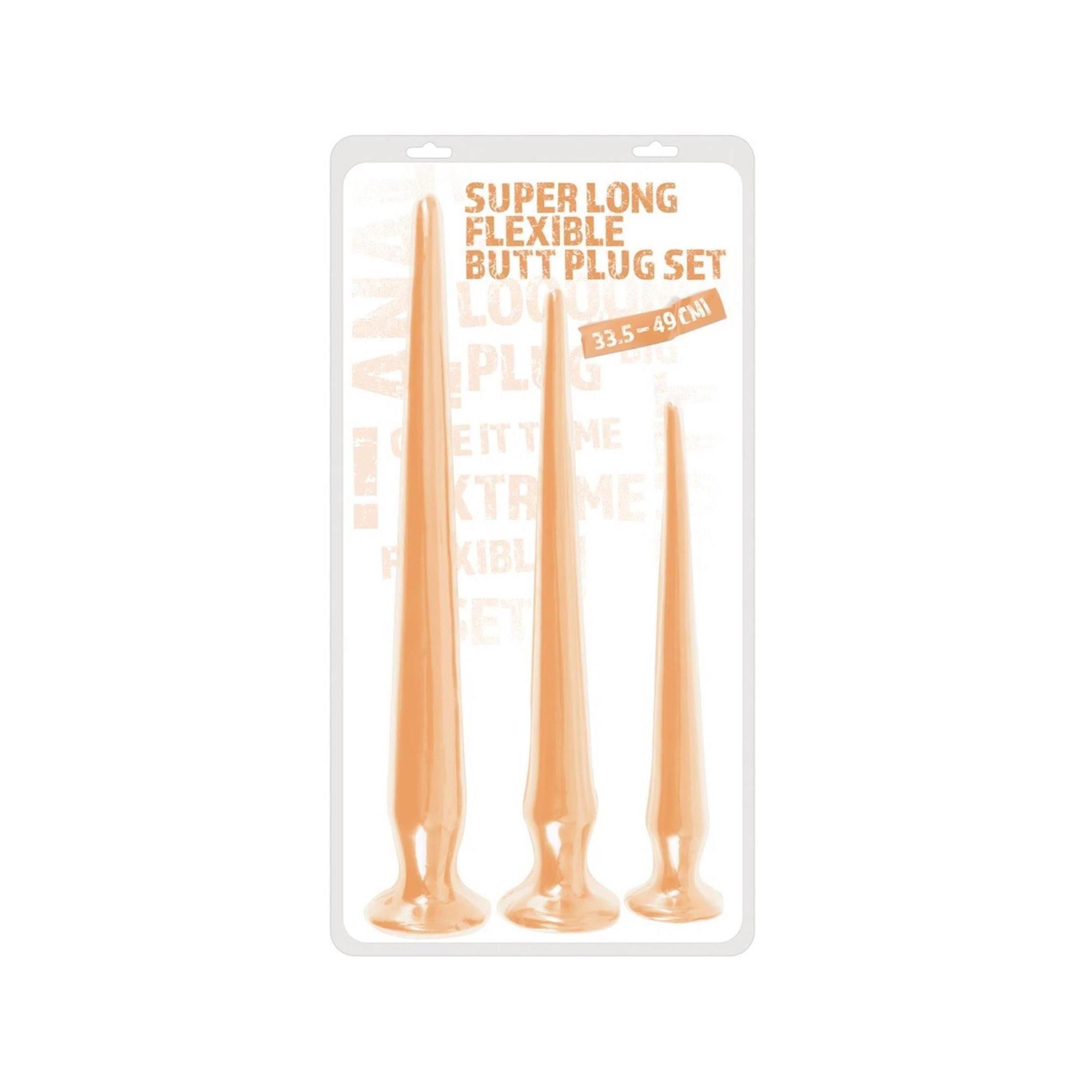 Verpackung mit drei analen Plug-Spielzeugen. Beige, mit Text: Super Long Flexible Butt Plug Set.