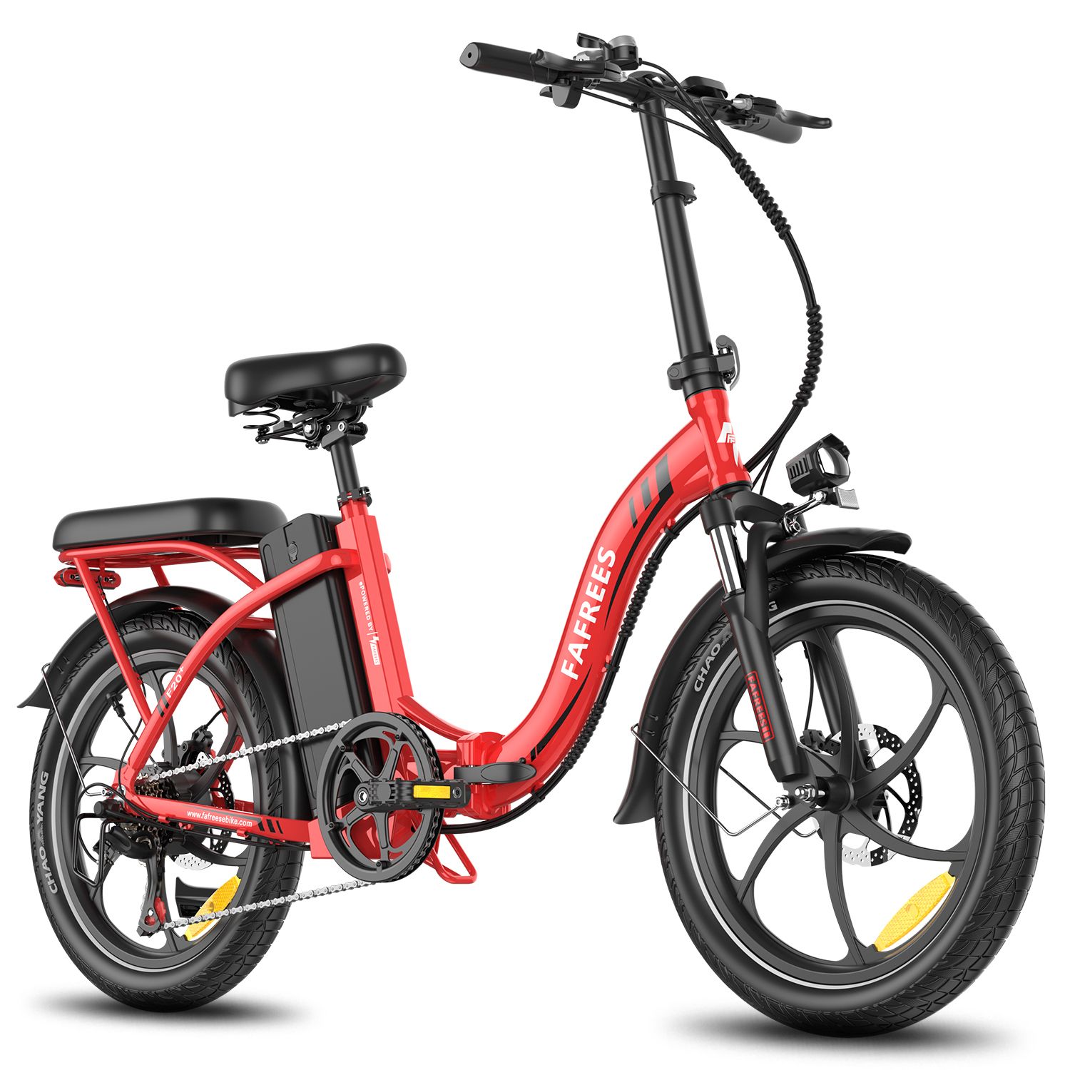Rotes Fafrees F20+ Klapp-E-Bike. Schwarze Reifen, Sattel und Akku. Marke sichtbar.