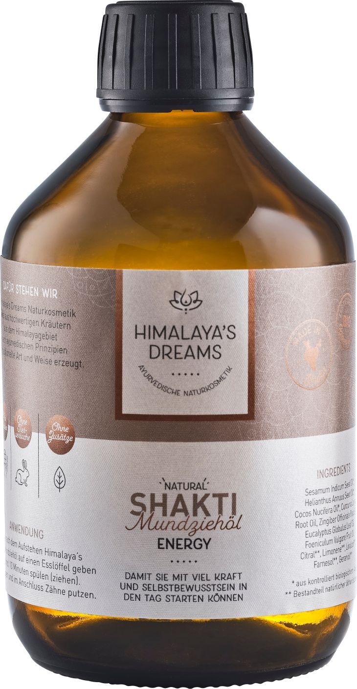 Braune Glasflasche mit schwarzem Deckel. Etikett mit Produktnamen und Logo. Text: Himalaya's Dreams Ayurveda Shakti Mundziehöl.