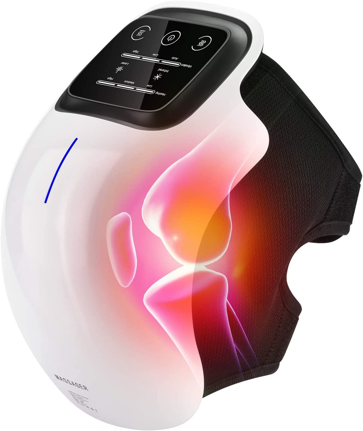 Weißes Knie-Massagegerät mit schwarzem Band. Zeigt ein Bedienfeld und eine blaue Linie. Anatomische Darstellung des Knies.