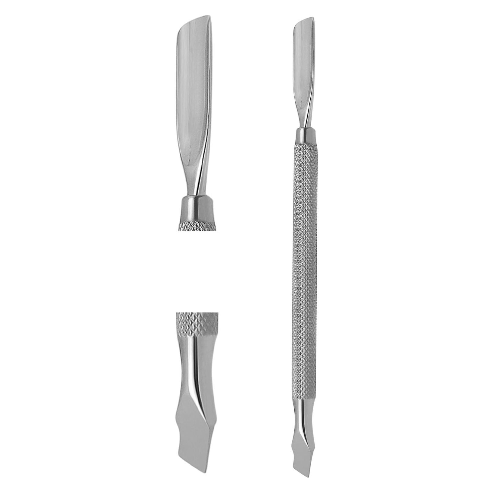 Nagelhautschieber aus Metall. Doppelseitig, mit geriffelter Griffpartie. Obere Seite mit abgerundeter Klinge, untere Seite spitz. Zwei Einzelteile.