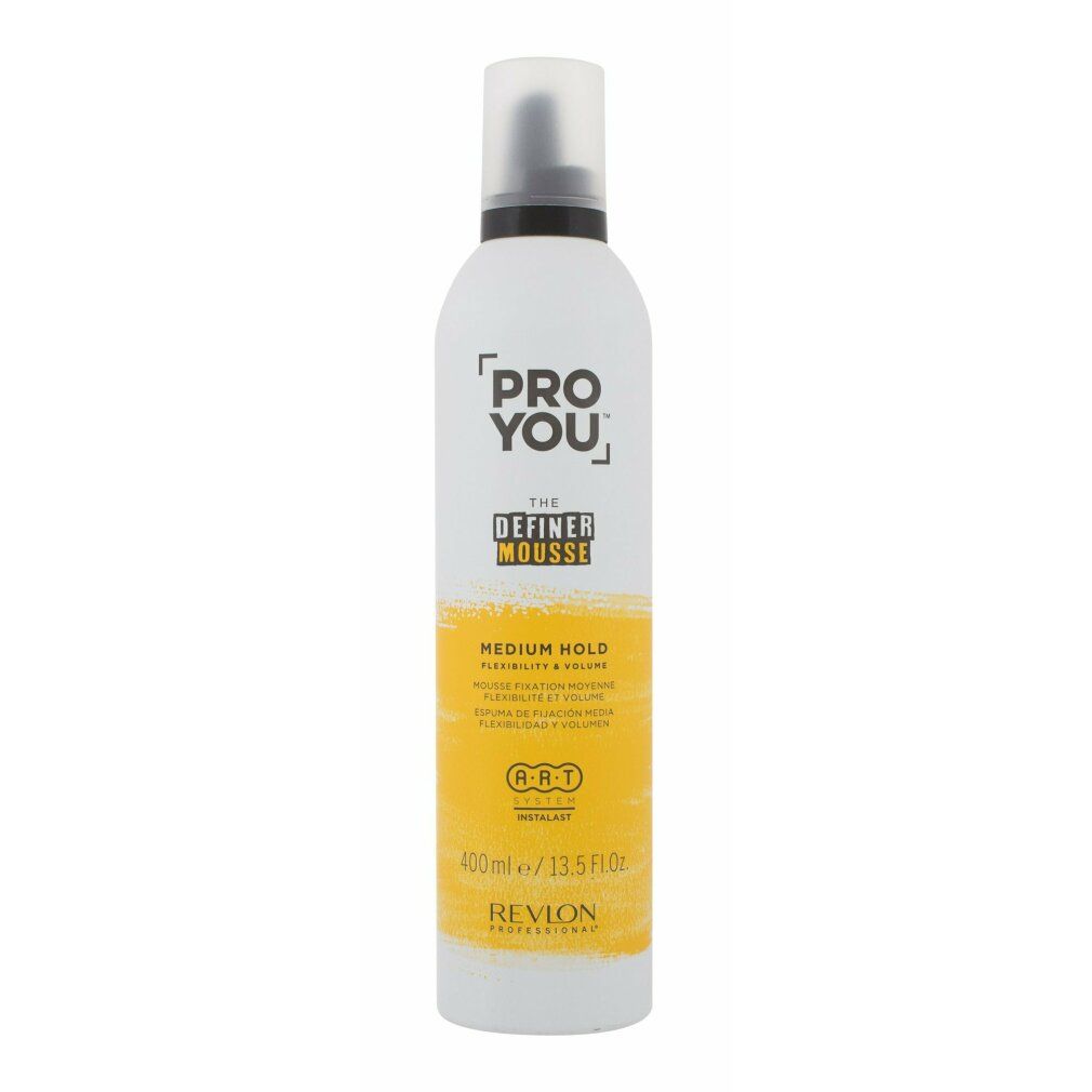 Weiß-gelbe Flasche mit schwarzem Deckel. Aufschrift: PRO YOU THE DEFINER MOUSSE MEDIUM HOLD. Volumen: 400ml/13.5 fl oz.