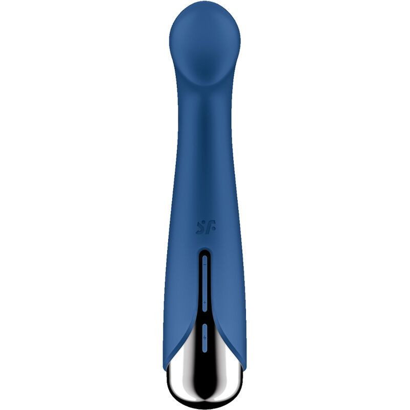 Blauer Vibrator mit silberfarbenem Ende. Zylindrische Form mit abgerundeter Spitze. SF-Logo sichtbar.