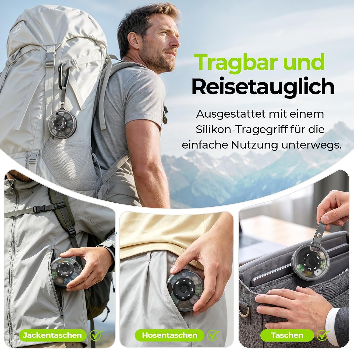 Runde Pillendose mit 7 Fächern und drehbarem Deckel.