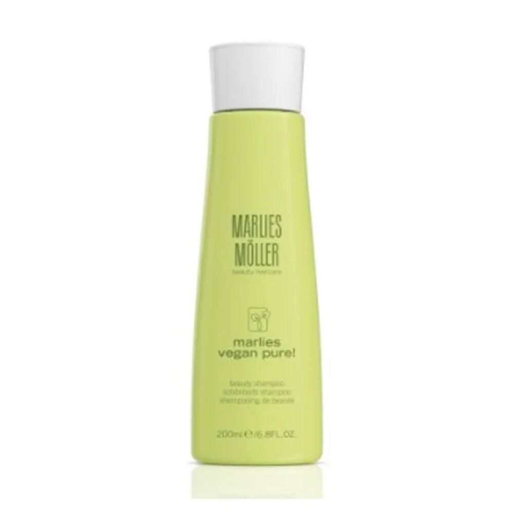 Grüne Flasche mit weißem Deckel. Aufschrift: Marlies Möller, vegan pure!. Beauty Shampoo. 200ml/6.8FL.OZ.