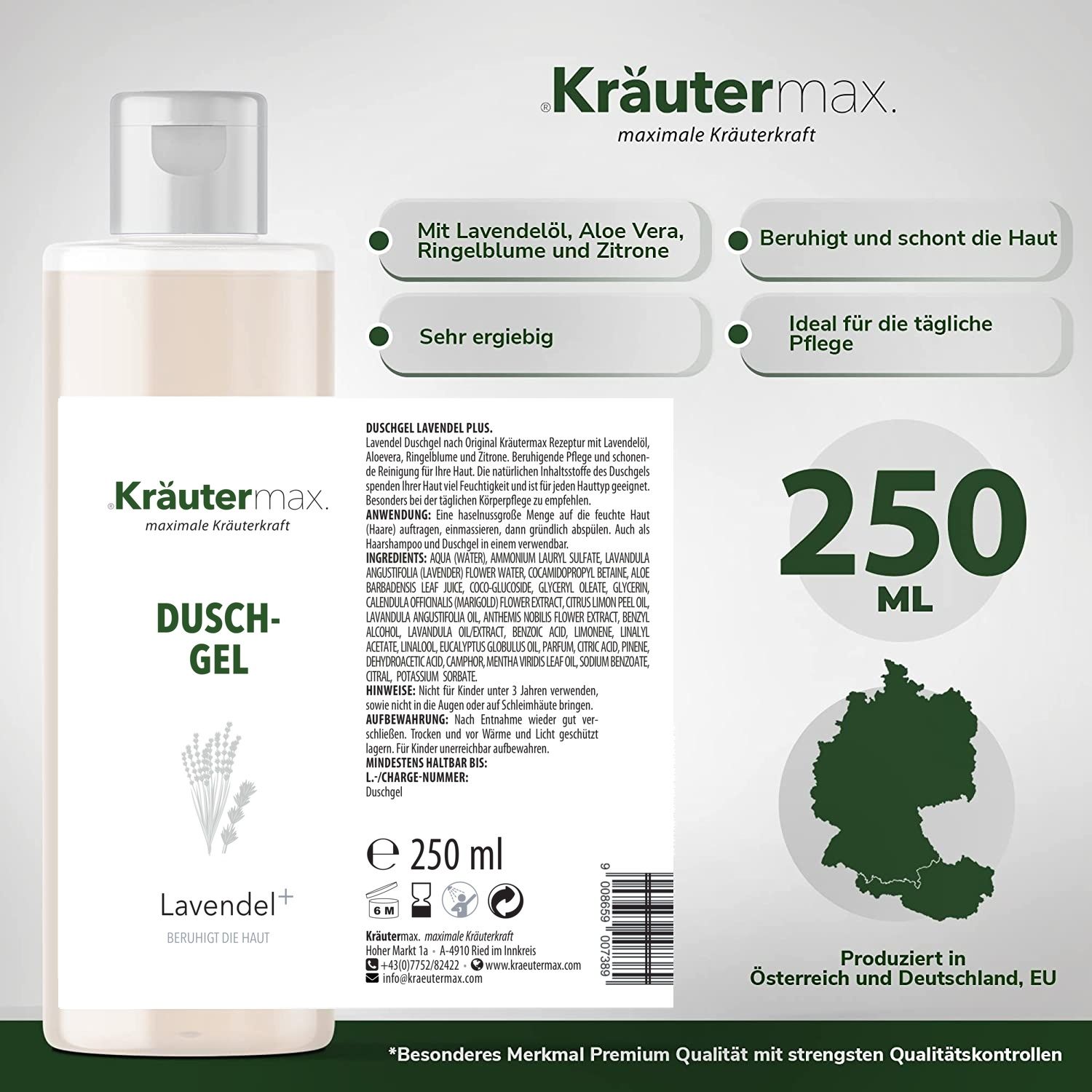 Duschgel-Flasche mit Produktinformationen. Enthält Lavendelöl, Aloe Vera, Ringelblume und Zitrone. 250 ml. Hergestellt in AT, DE, EU.
