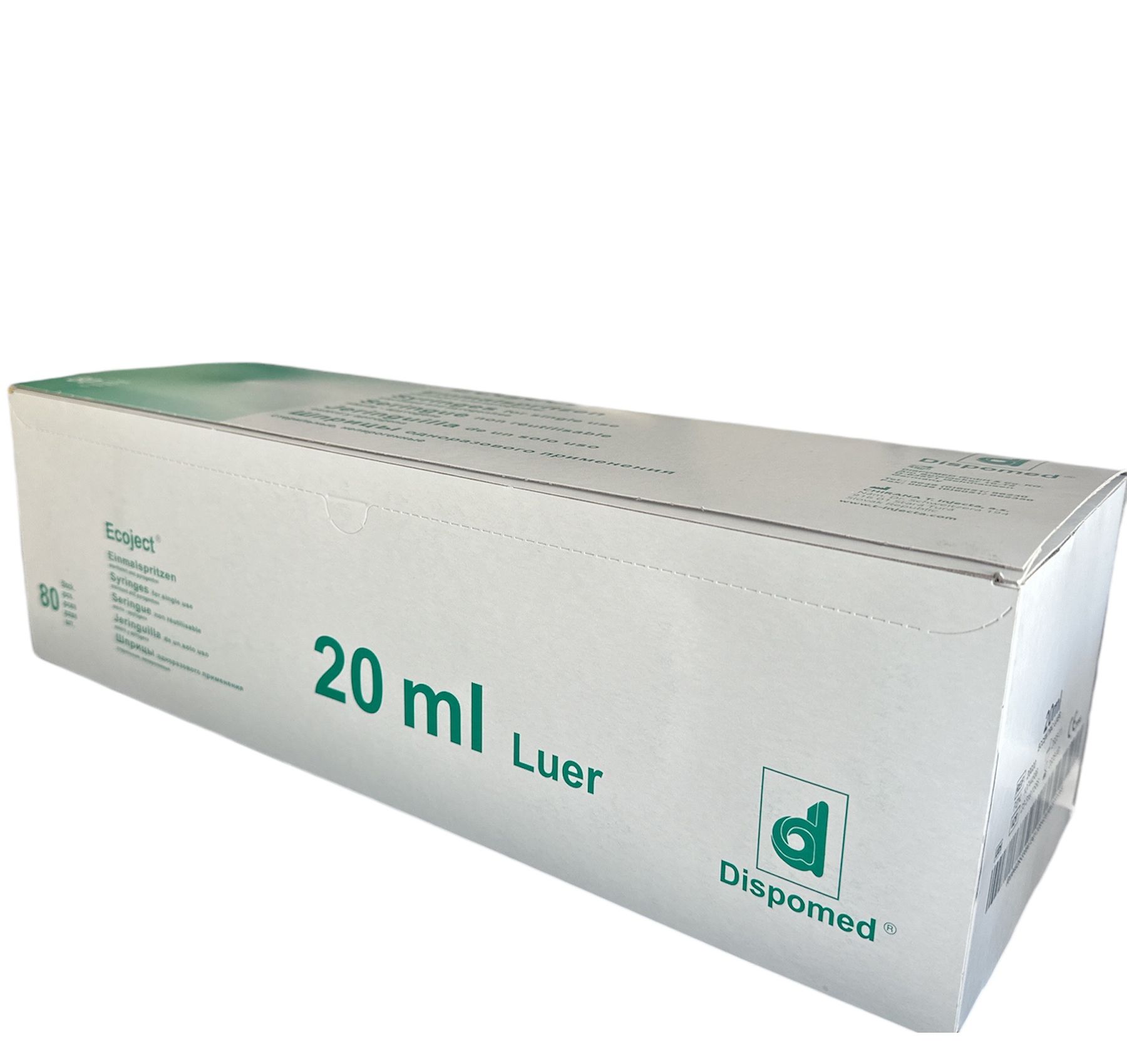 Kartonverpackung mit Aufdruck '20 ml Luer' und 'Dispomed'. Text in mehreren Sprachen. Weiß-grüne Farbgebung.