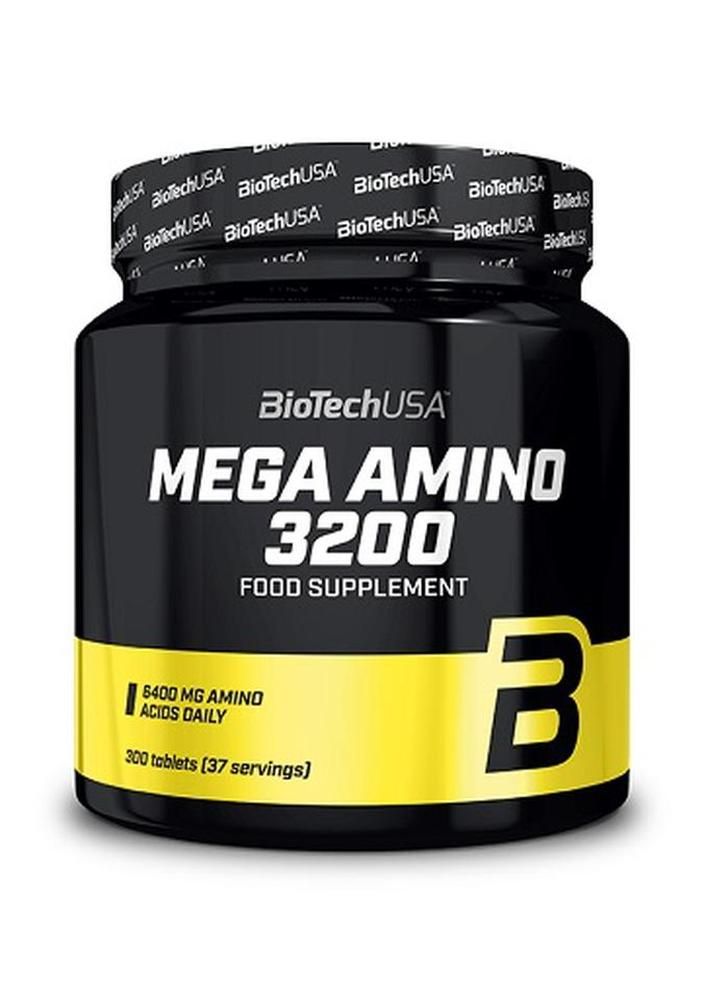 Schwarze Dose mit gelbem Etikett. Aufschrift: Mega Amino 3200, 300 Tabletten. Marke: BioTechUSA. Enthält 6400 mg Aminosäuren pro Tag.