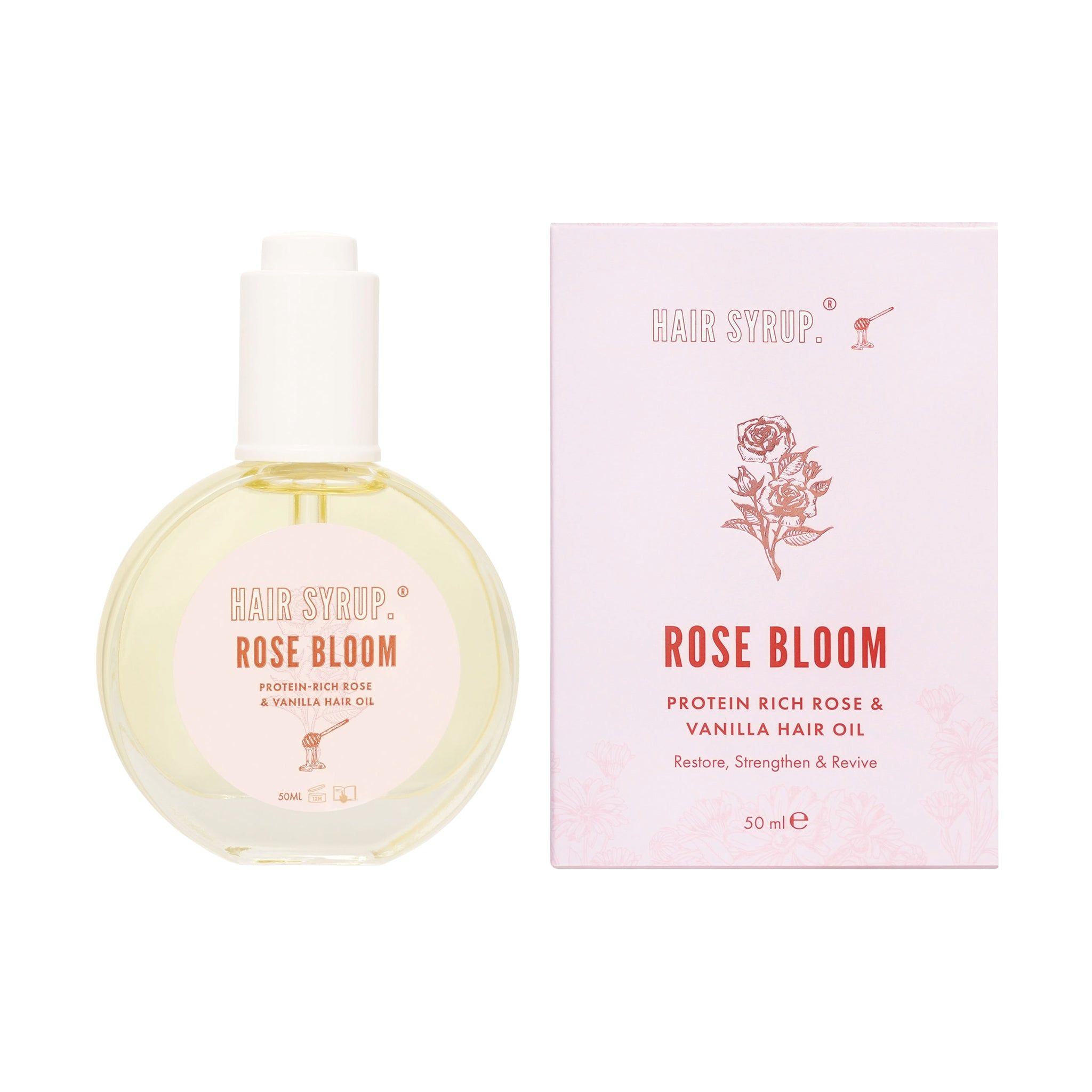 Runde Flasche und Karton. Aufschrift: Hair Syrup Rose Bloom. Proteinreiches Rosen- und Vanille-Haaröl. 50 ml.