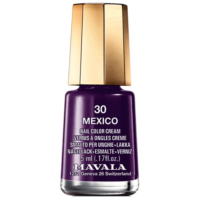 Flasche Nagellack, dunkelviolett. Goldfarbener Deckel. Aufschrift: 30 MEXICO, Nail Color Cream, 5 ml, MAVALA.
