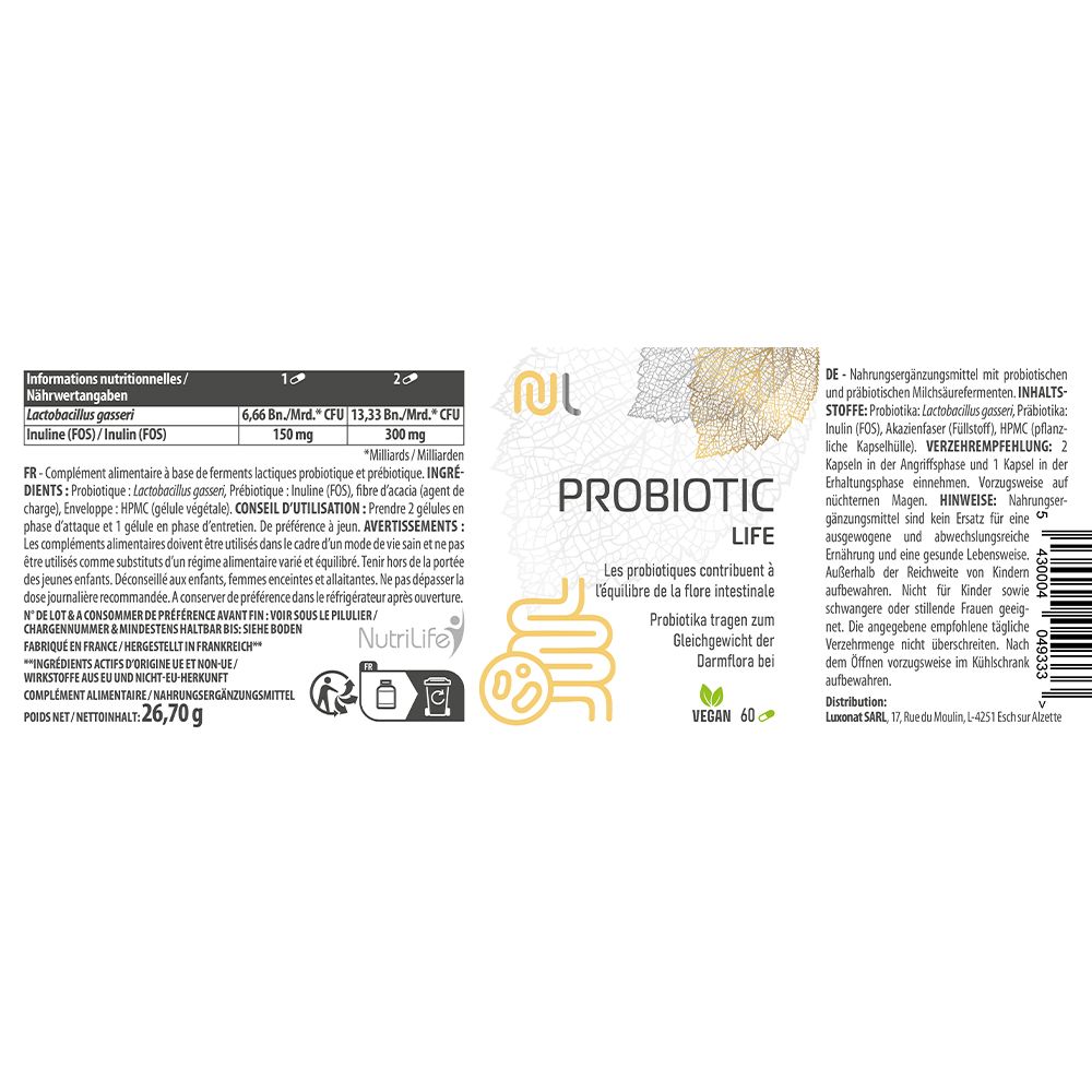 Produktetikett mit Informationen zu PROBIOTIC LIFE. Enthält Nährwertangaben, Inhaltsstoffe, Verzehrempfehlung und Herstellerinformationen.