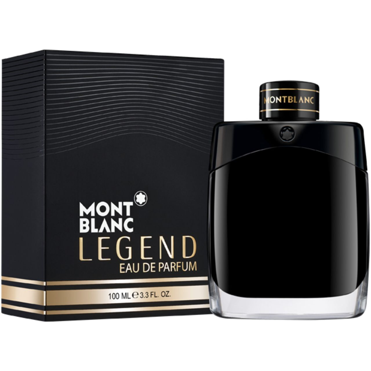 Schwarzer Flakon und Schachtel. Auf der Schachtel steht MONTBLANC LEGEND EAU DE PARFUM. 100 ml.