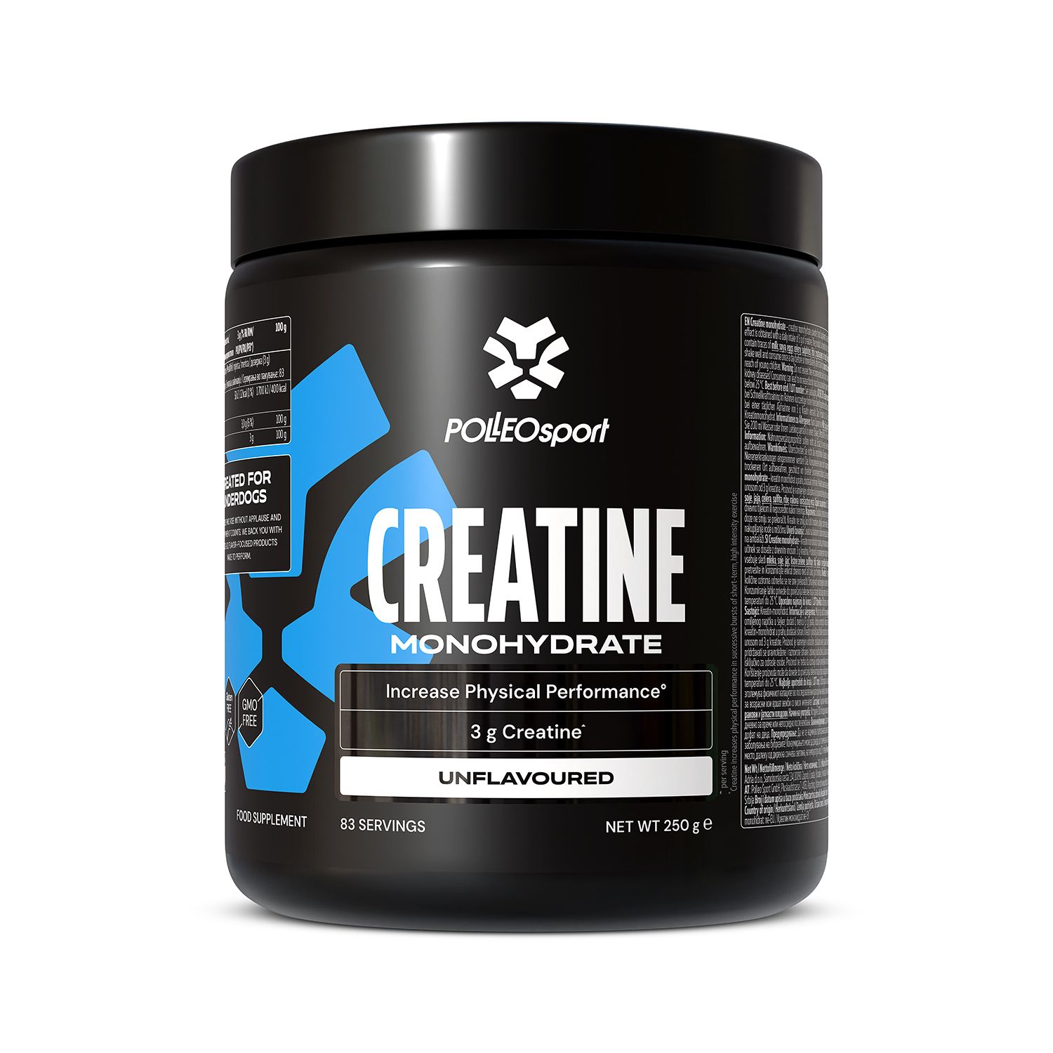 Schwarzer Behälter mit blauem Etikett. Aufschrift: Creatine Monohydrate, 3g Creatine. Unflavored. 63 Portionen. Marke: PolleoSport.