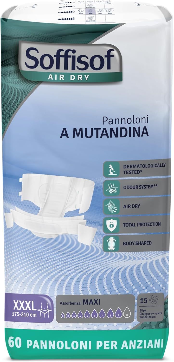 Soffisof Air Dry Windeln für Erwachsene Maxi. Verpackung mit 60 Windeln, Größe XXXL. Dermatologisch getestet.
