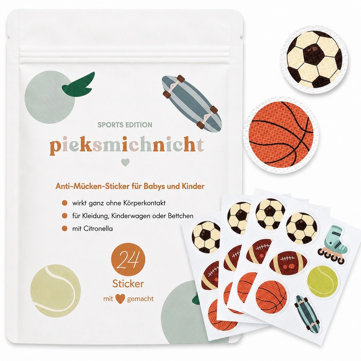 Verpackung mit 24 pflanzlichen Anti-Mücken-Stickern im Sportdesign (Fußball, Basketball, Skateboard).