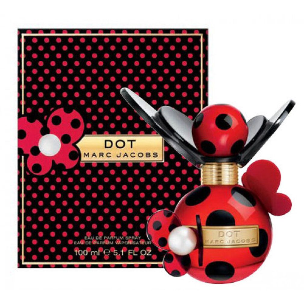 Roter Flakon mit schwarzen Punkten und Flügeln. Aufschrift: DOT MARC JACOBS. 100 ml. Verpackung mit Punktmuster.