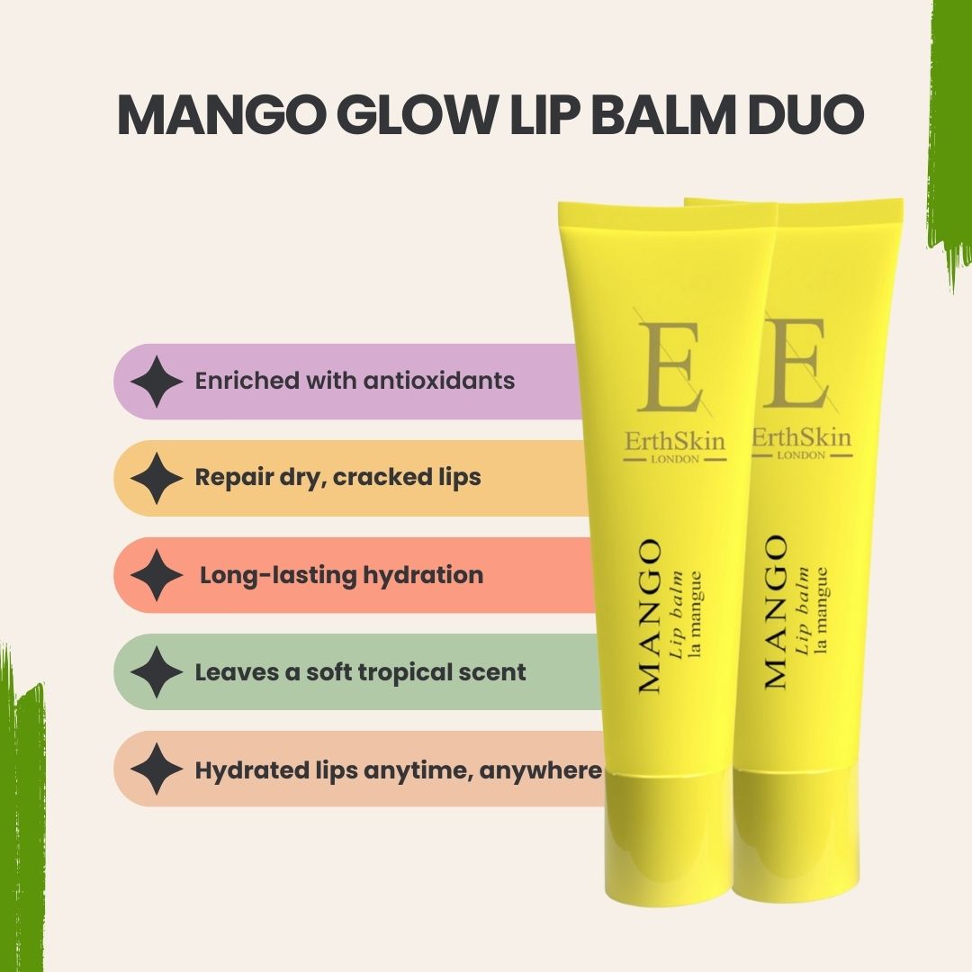 Zwei gelbe Lippenbalsam-Tuben. Aufschrift: Mango, ErthSkin London. Textfelder mit Produktvorteilen.