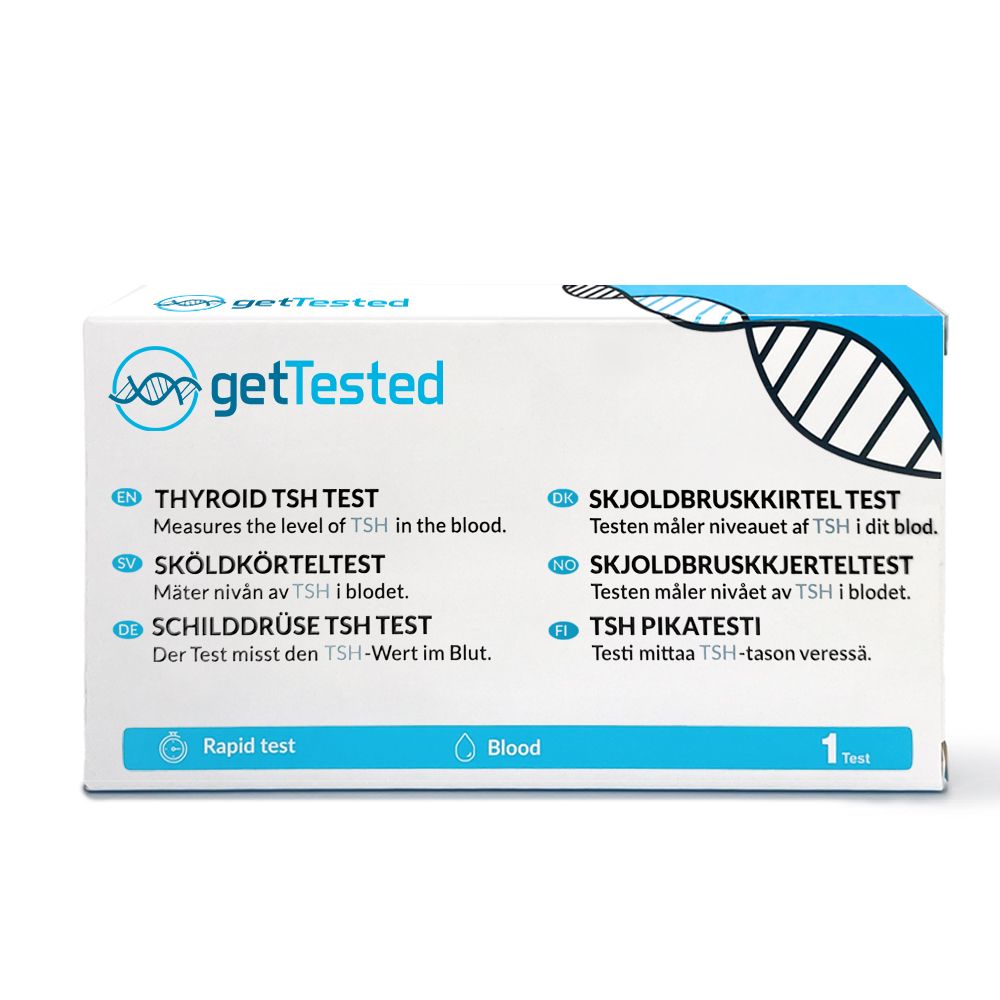 GetTested TSH-Test der Schilddrüse. Weiße Schachtel mit blauem Akzent. Text: Thyroid TSH Test, Rapid Test, 1 Test.