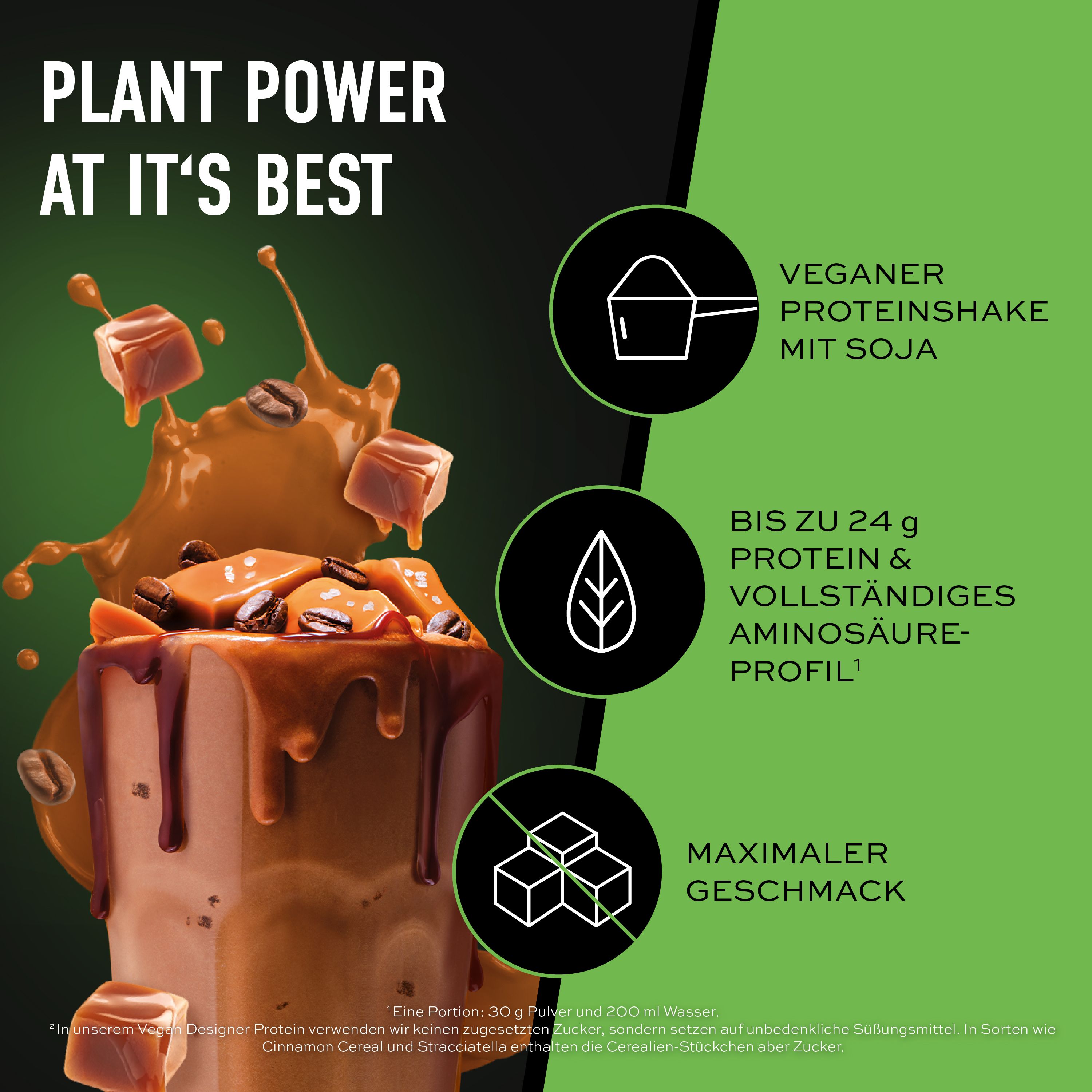 Text: Plant Power at it's best. Illustration eines Getränks mit Karamell und Kaffeebohnen. Kreisförmige Icons mit Text.