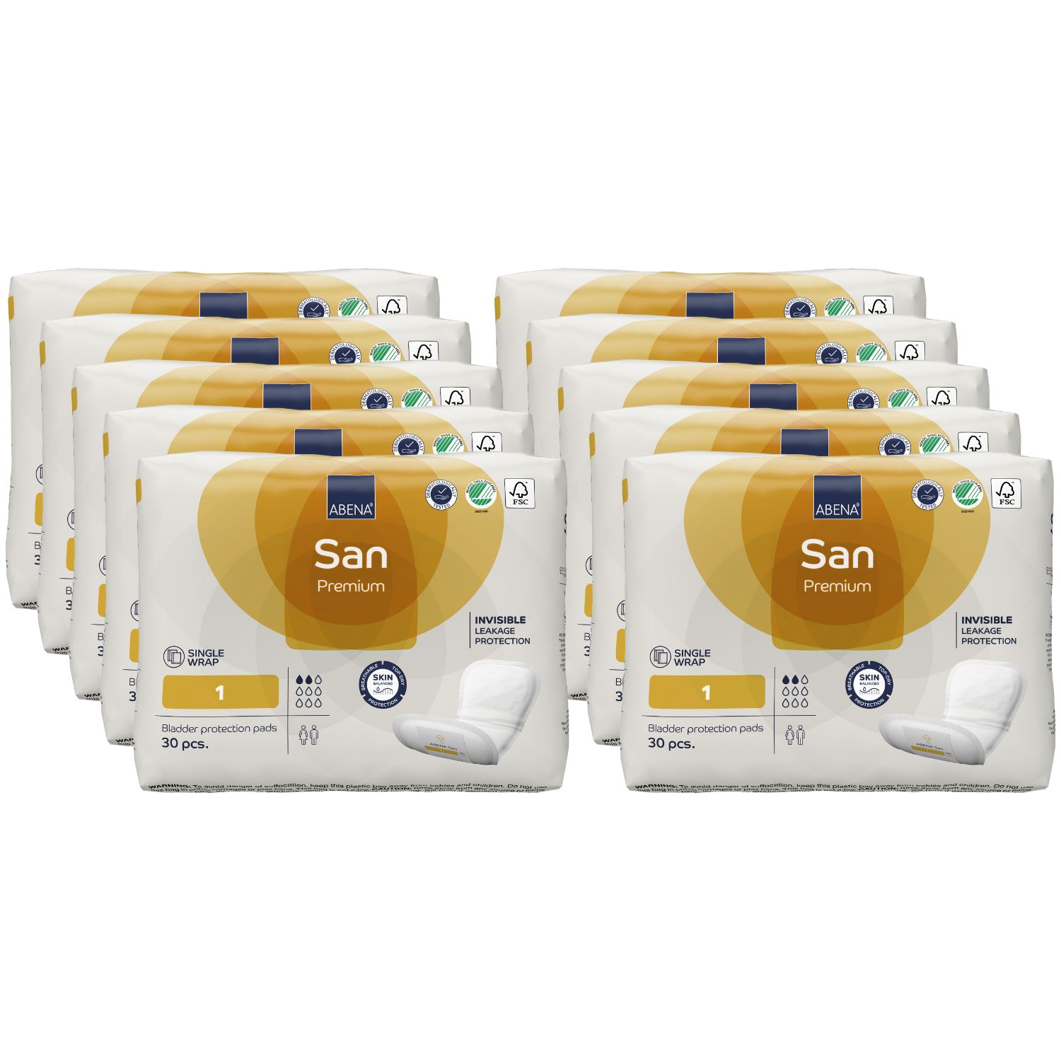 Mehrere Packungen ABENA San Premium Einlagen. Verpackung mit gelbem Kreis und Produktbezeichnung. Einzeln verpackt.