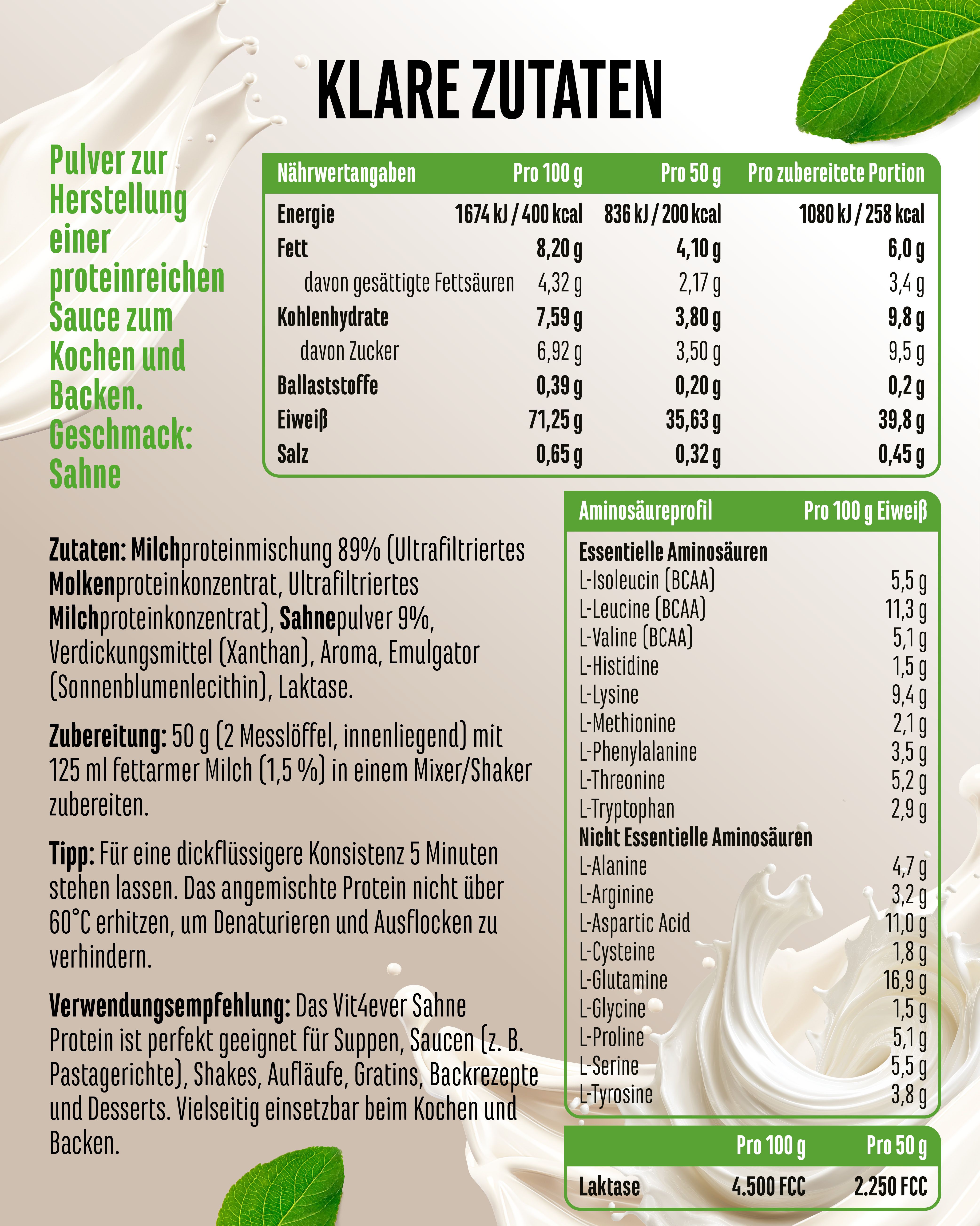 Nährwerttabelle und Aminosäureprofil. Zutaten: Milchproteinisolat, Molkenproteinkonzentrat, Sahne, Verdickungsmittel, Aroma, Emulgator, Laktase.