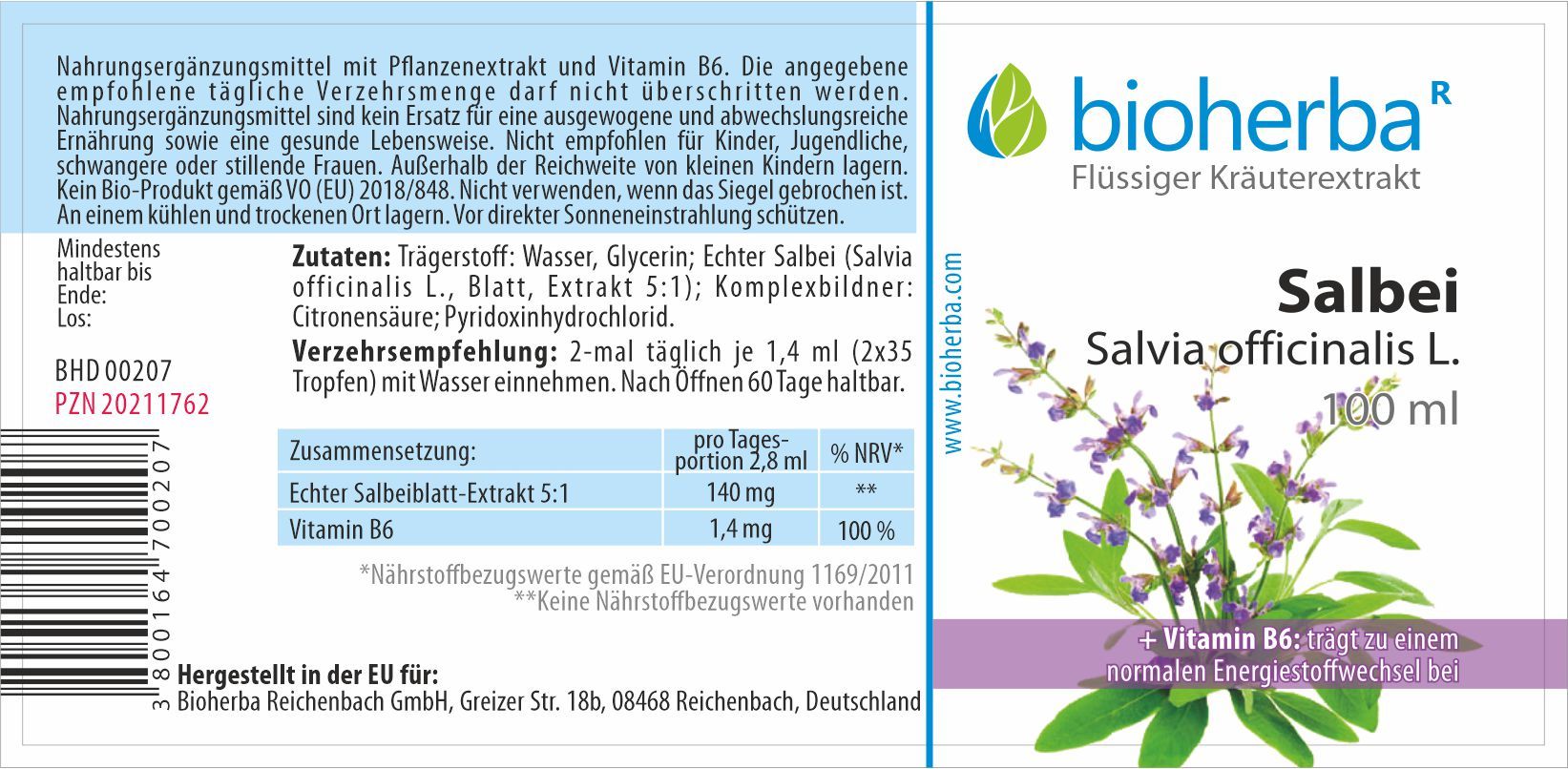 Etikett mit Produktinformationen. "Bioherba Salbei" und "Salvia officinalis L." sind sichtbar. Enthält Vitamin B6. 100 ml.