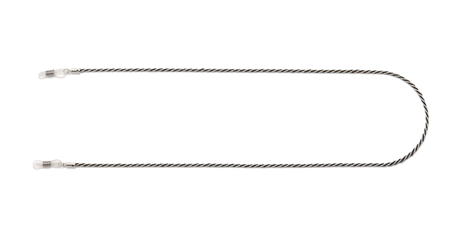Brillenkette, geflochtenes Muster, silberfarben und schwarz. Mit transparenten Schlaufen zur Befestigung an Brillenbügeln.