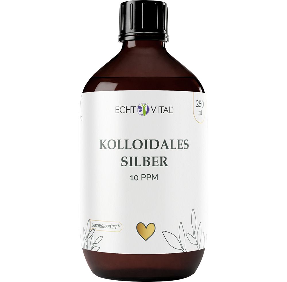 Braune Glasflasche mit weißem Etikett, das kolloidales Silber 10 ppm zeigt.