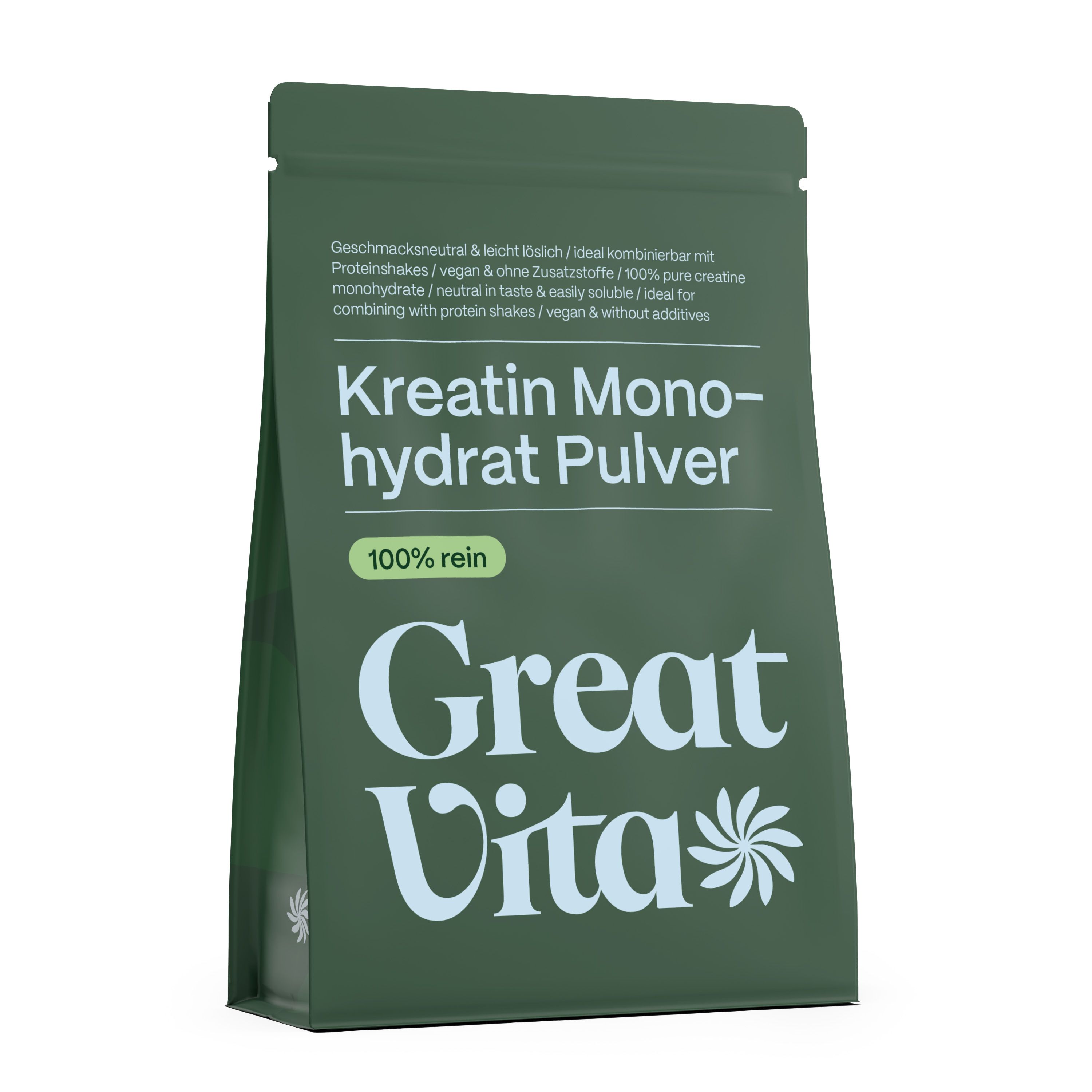 Grüne Verpackung mit Kreatin Monohydrat Pulver. Text: 100% rein, Great Vita. Produktansicht.