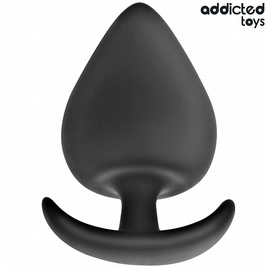 Schwarzer Analplug mit tropfenförmigem Kopf und gebogener Basis. Marke: Addicted Toys.