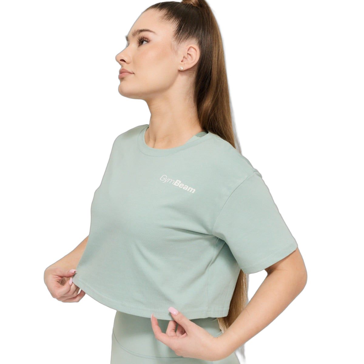 Hellgrünes, kurz geschnittenes Damen-T-Shirt mit Rundhalsausschnitt und dezentem Logo.