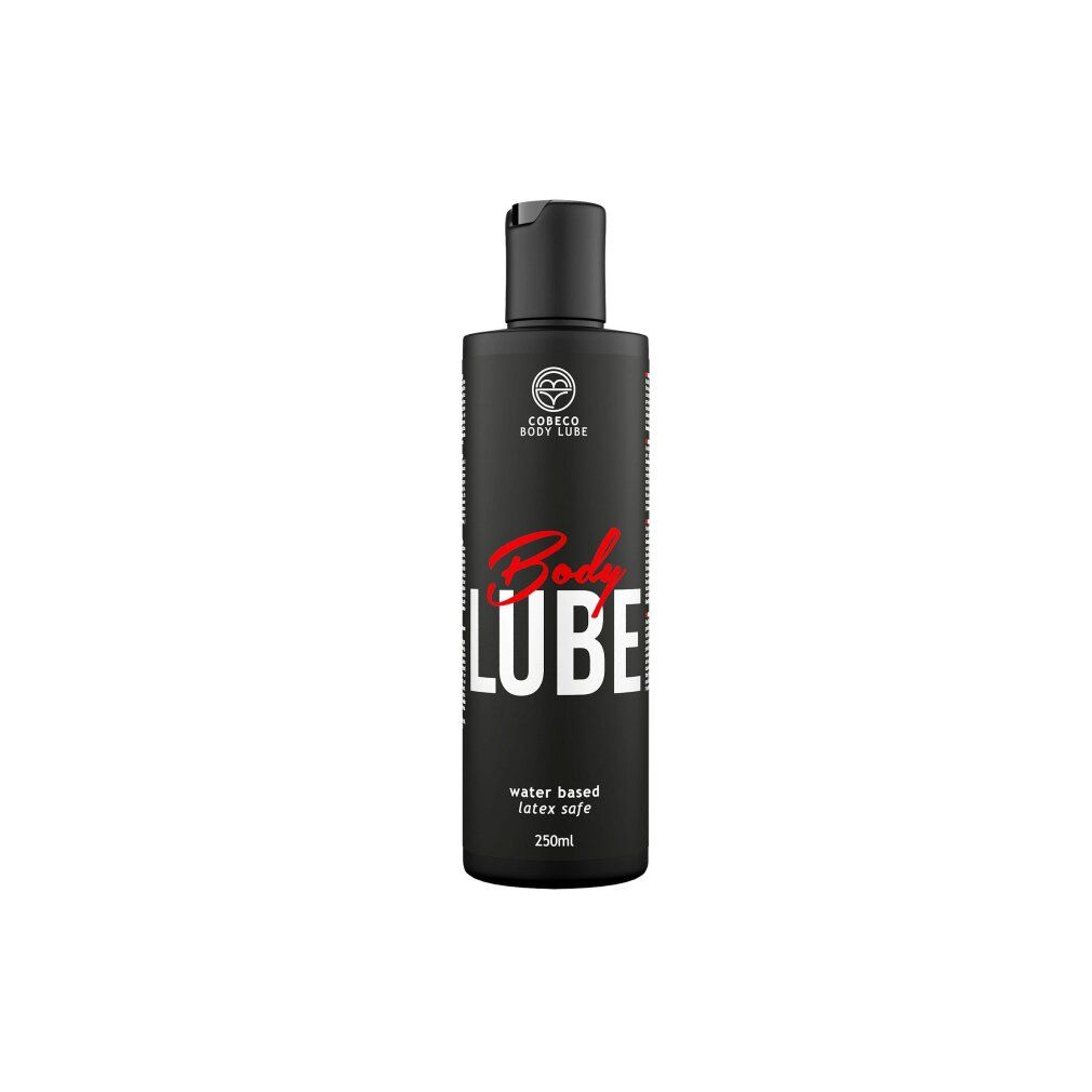 Schwarze Flasche mit Klappverschluss. Aufschrift: Body LUBE. Wasserbasiert, latexfrei. 250ml.
