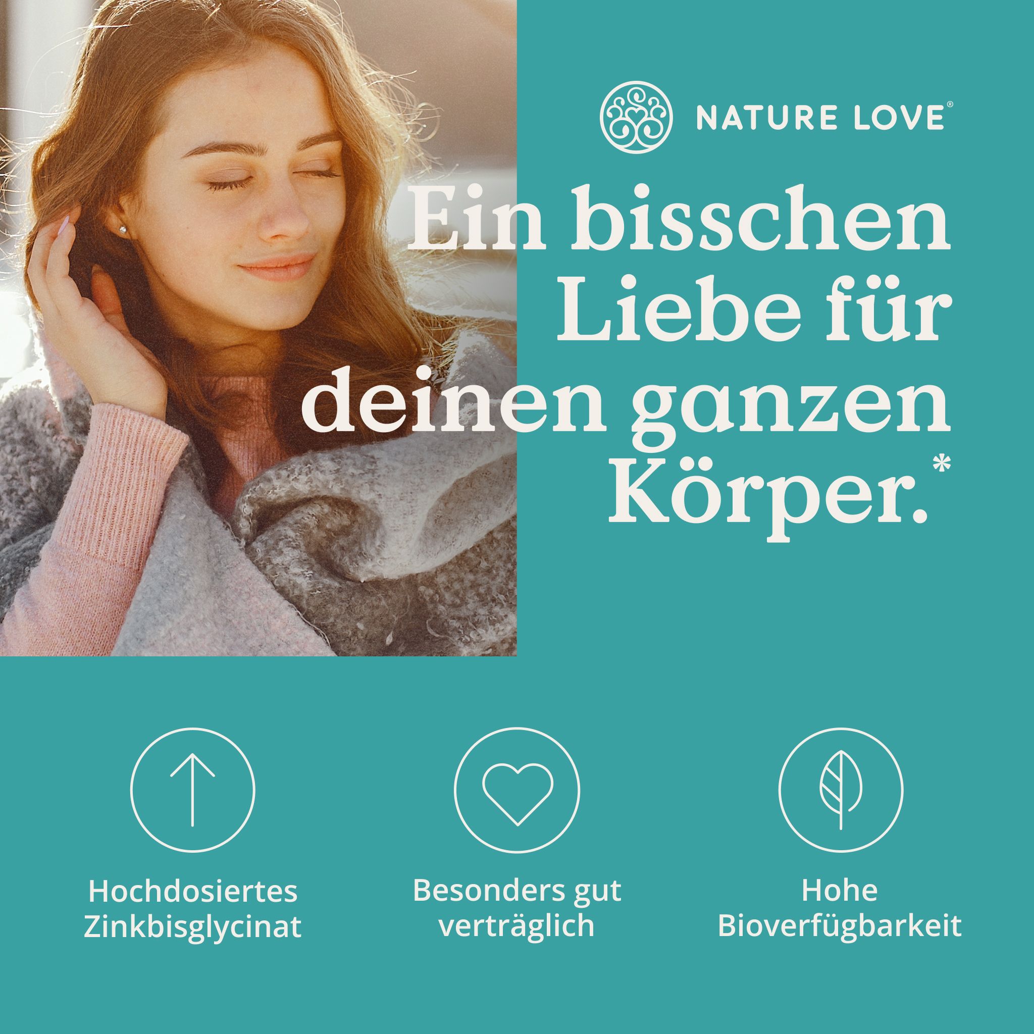 Frau mit geschlossenen Augen, eingehüllt in eine Decke, neben Text über Liebe für den Körper und Zink.