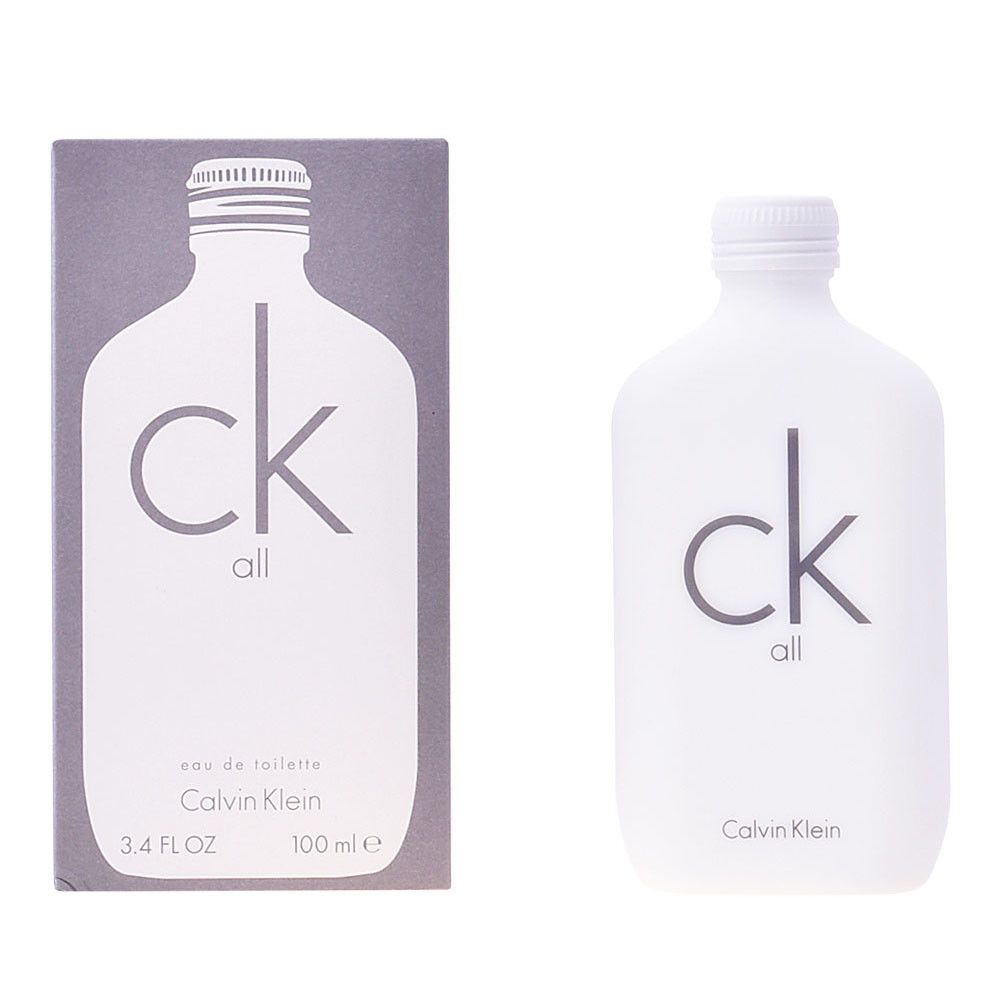 Weißes Parfümflakon und Verpackung. Aufschrift "ck all" und "Calvin Klein". Flakon mit 100 ml.