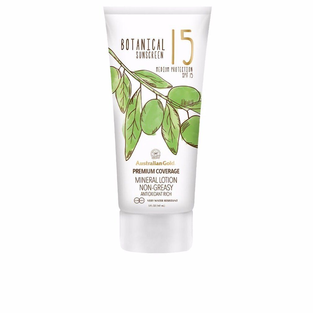 Weiße Tube mit SPF15-Sonnencreme. Aufschrift: Botanical Sunscreen, Blätter-Illustration. Produktname: Mineral Lotion Non-Greasy.