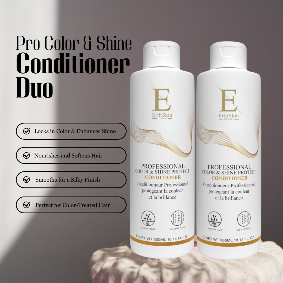 Zwei Flaschen Conditioner. Aufschrift: ErthSkin London. Text: Professional Color & Shine Protect Conditioner. Produktmerkmale.